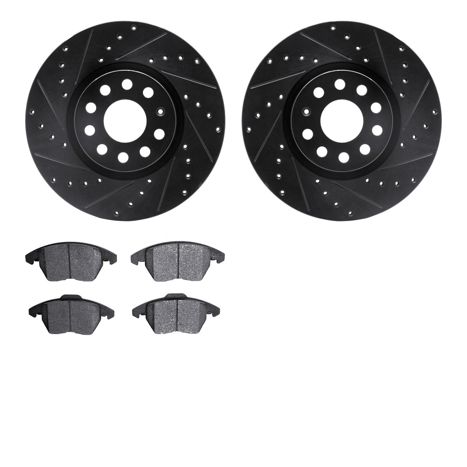 8502-74092 Drilled/Slotted Brake Rotors w/5000 Advanced Brake Pads Kit [Black], 2005-2015 Audi/Volkswagen, Position: Front