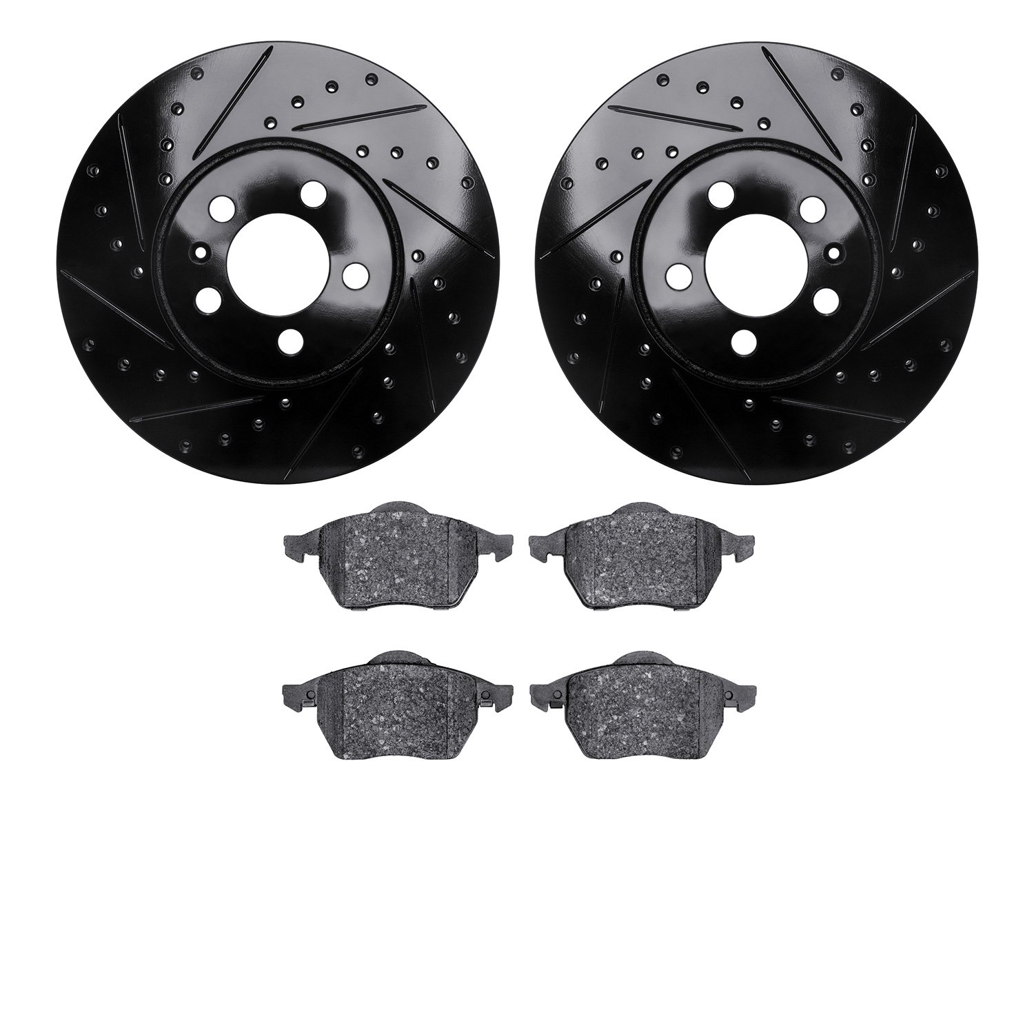 8502-74232 Drilled/Slotted Brake Rotors w/5000 Advanced Brake Pads Kit [Black], 1998-1998 Audi/Volkswagen, Position: Front