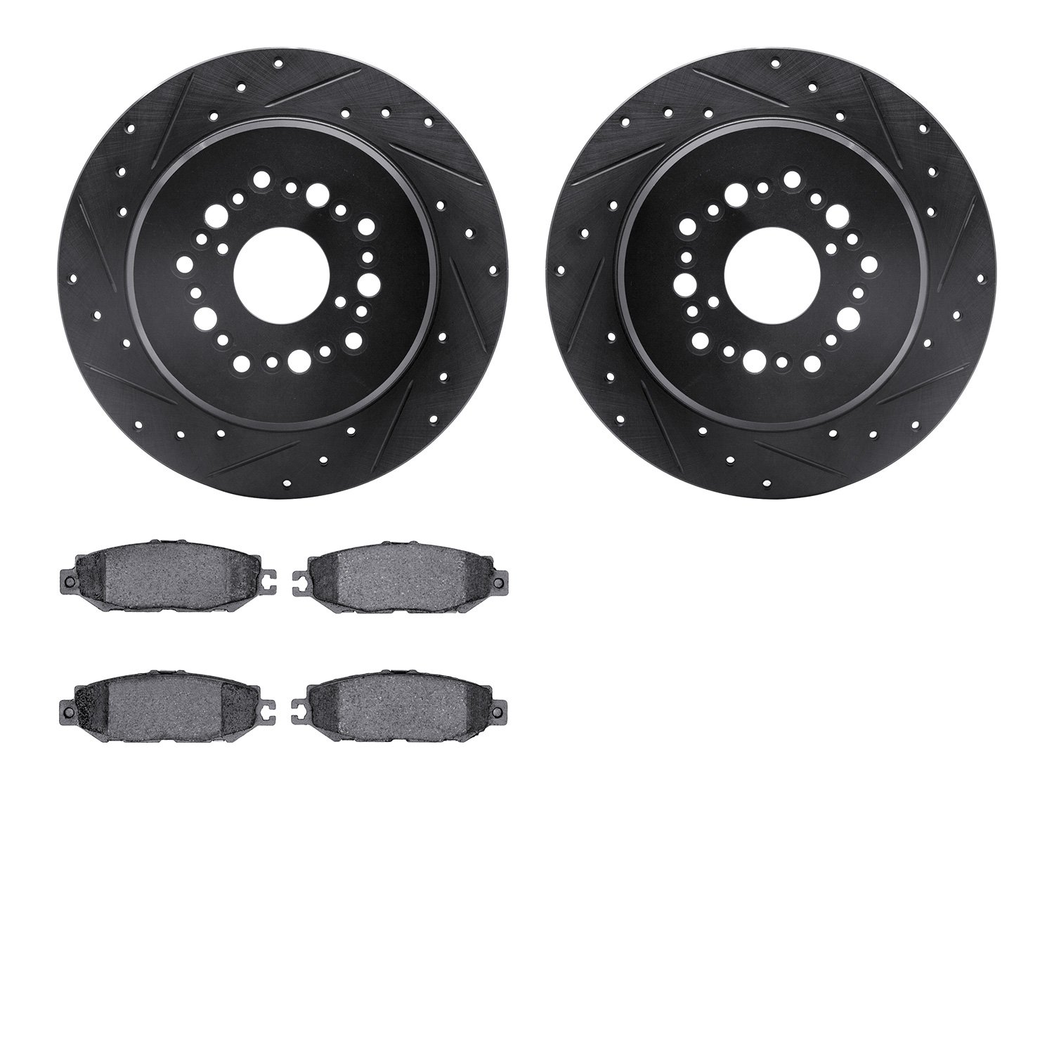 8502-75009 Drilled/Slotted Brake Rotors w/5000 Advanced Brake Pads Kit [Black], 1993-2000 Lexus/Toyota/Scion, Position: Rear