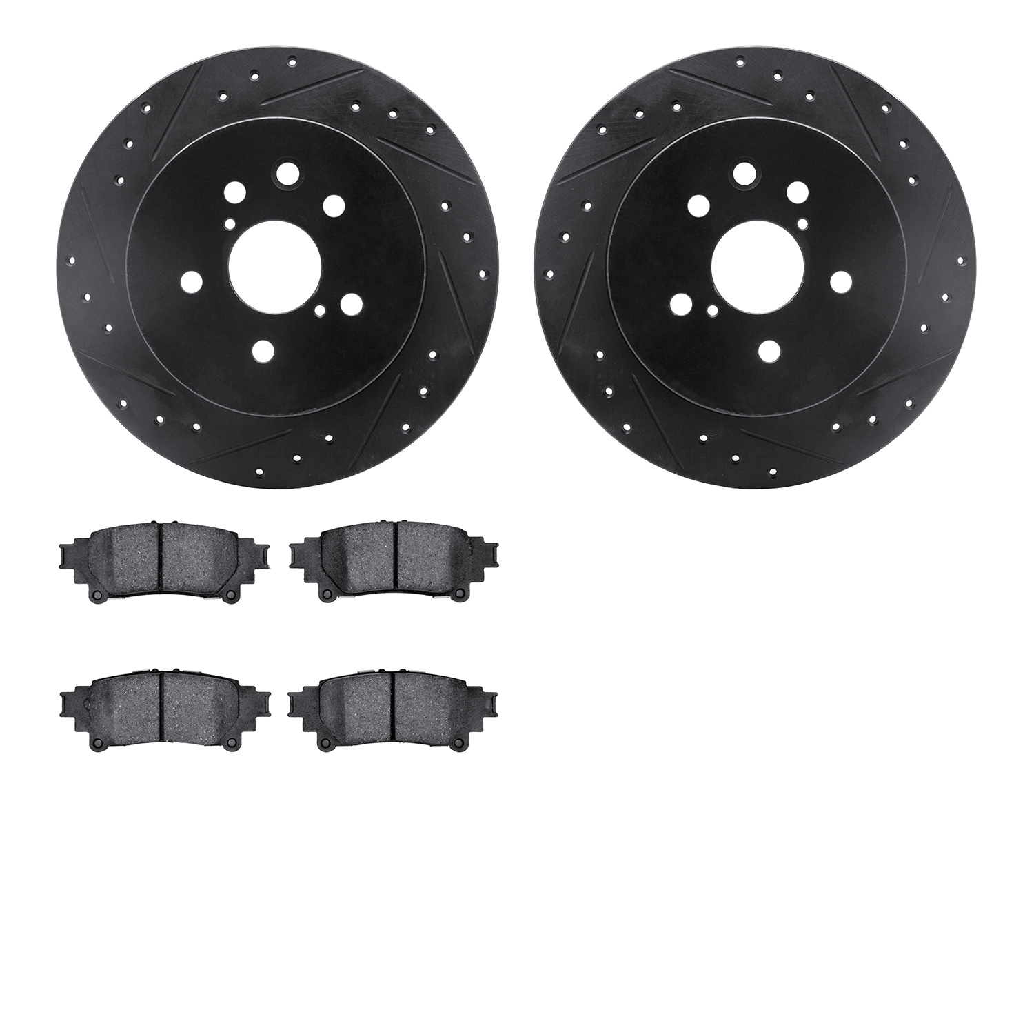 8502-75018 Drilled/Slotted Brake Rotors w/5000 Advanced Brake Pads Kit [Black], 2014-2015 Lexus/Toyota/Scion, Position: Rear