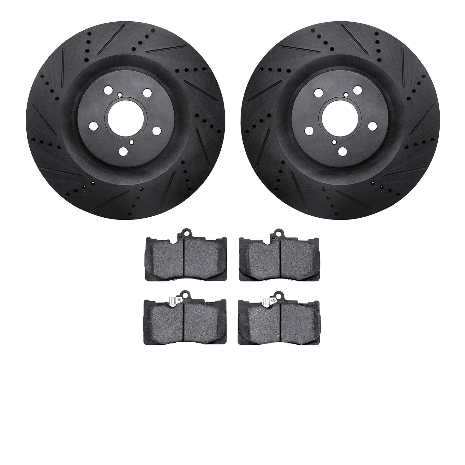 8502-75030 Drilled/Slotted Brake Rotors w/5000 Advanced Brake Pads Kit [Black], 2013-2020 Lexus/Toyota/Scion, Position: Front