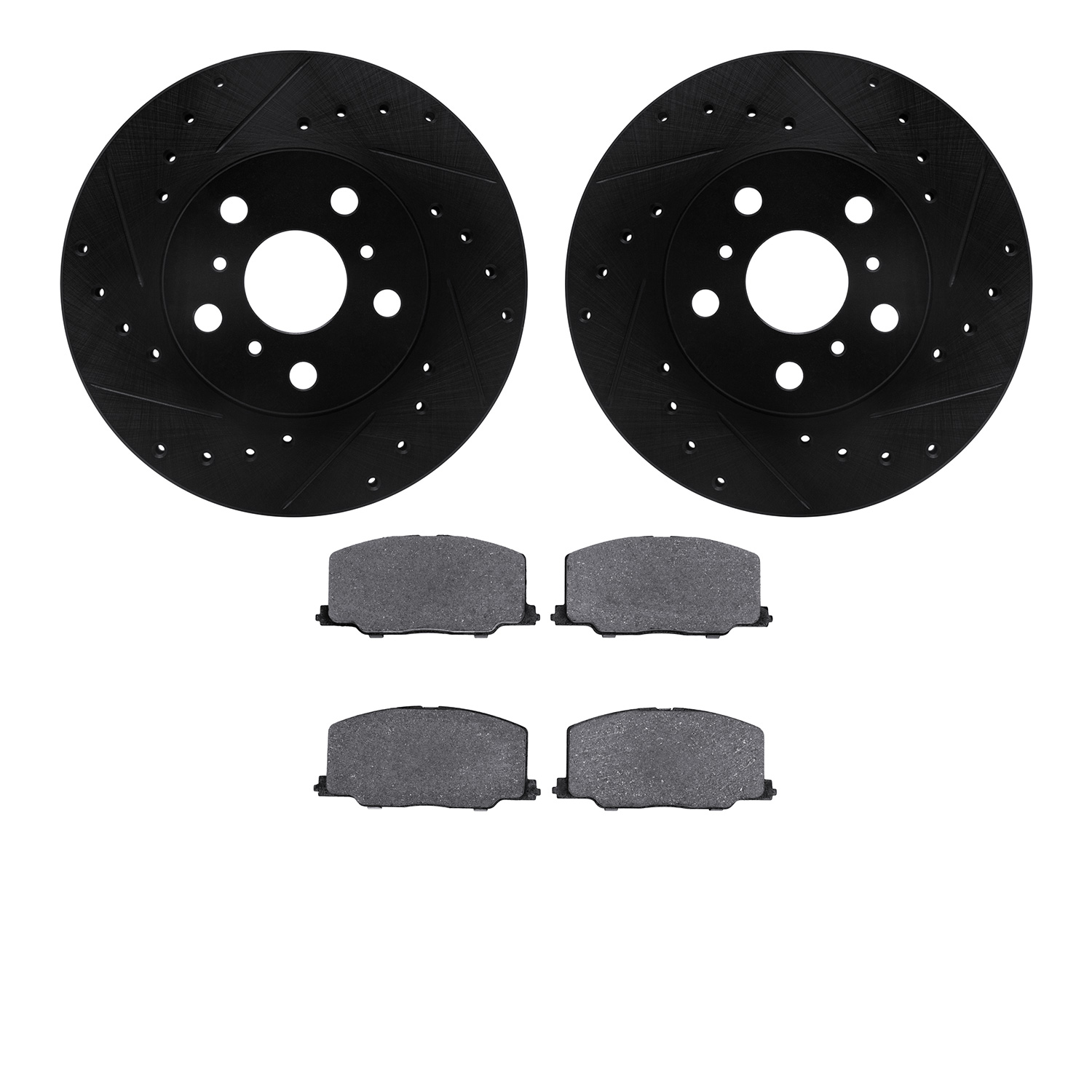 8502-76028 Drilled/Slotted Brake Rotors w/5000 Advanced Brake Pads Kit [Black], 1988-1993 Lexus/Toyota/Scion, Position: Front