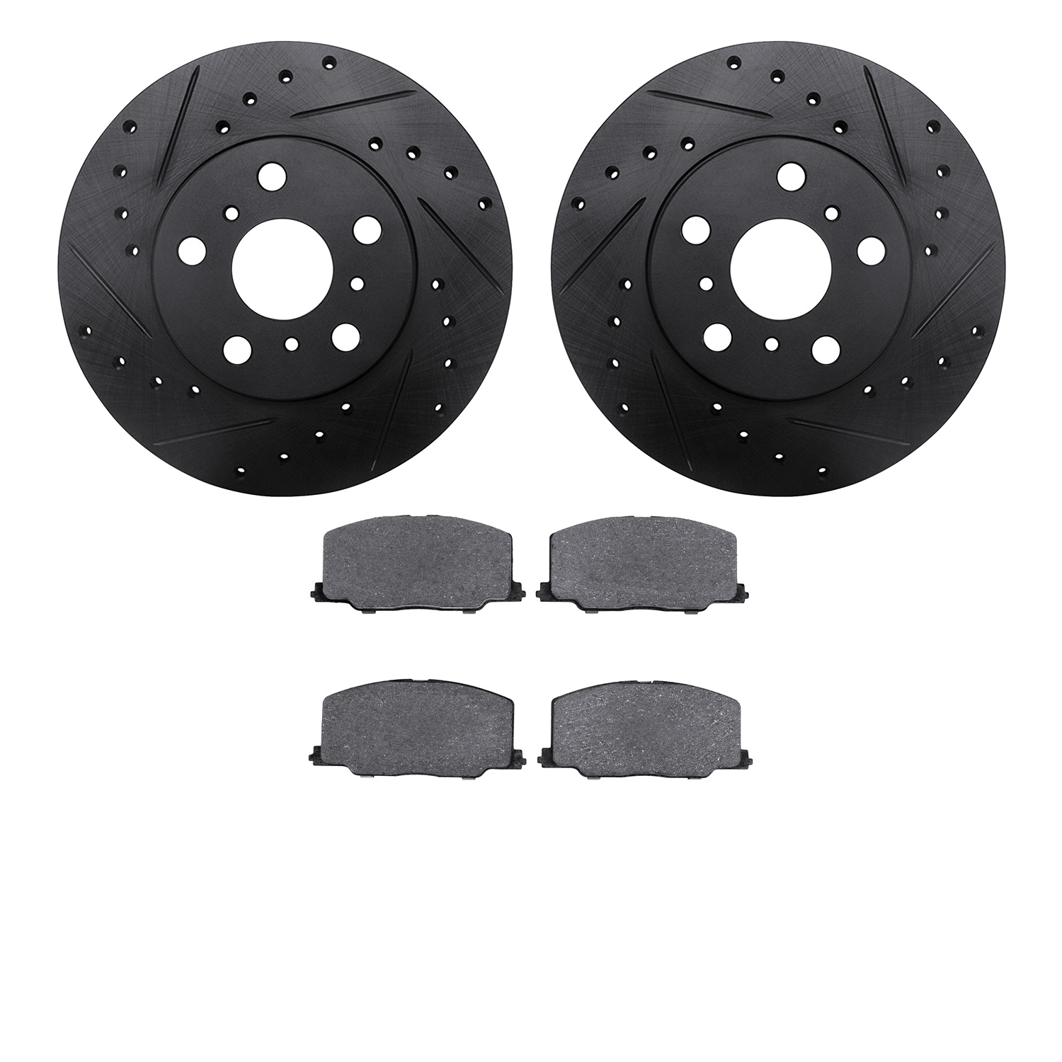 8502-76031 Drilled/Slotted Brake Rotors w/5000 Advanced Brake Pads Kit [Black], 1990-1991 Lexus/Toyota/Scion, Position: Front