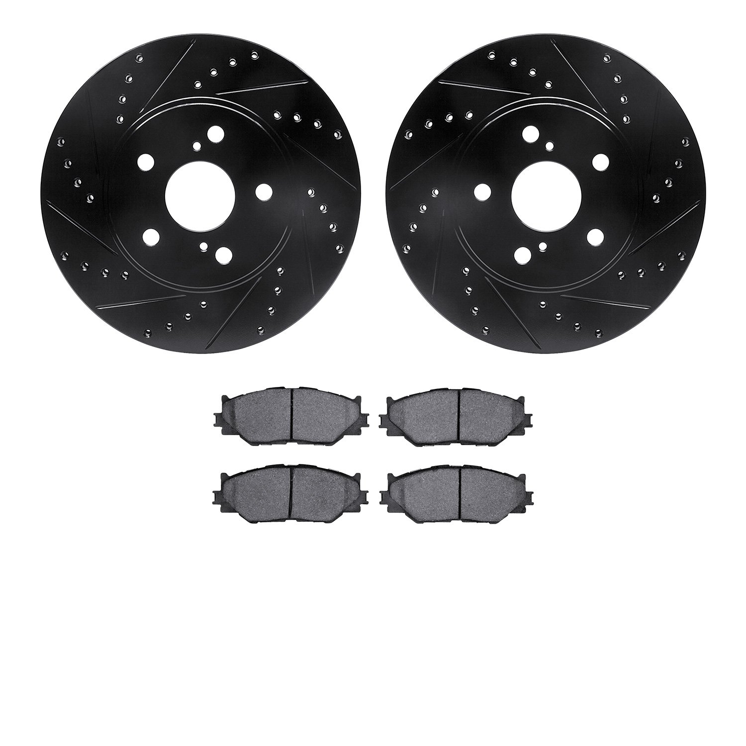 8502-76074 Drilled/Slotted Brake Rotors w/5000 Advanced Brake Pads Kit [Black], 2006-2015 Lexus/Toyota/Scion, Position: Front