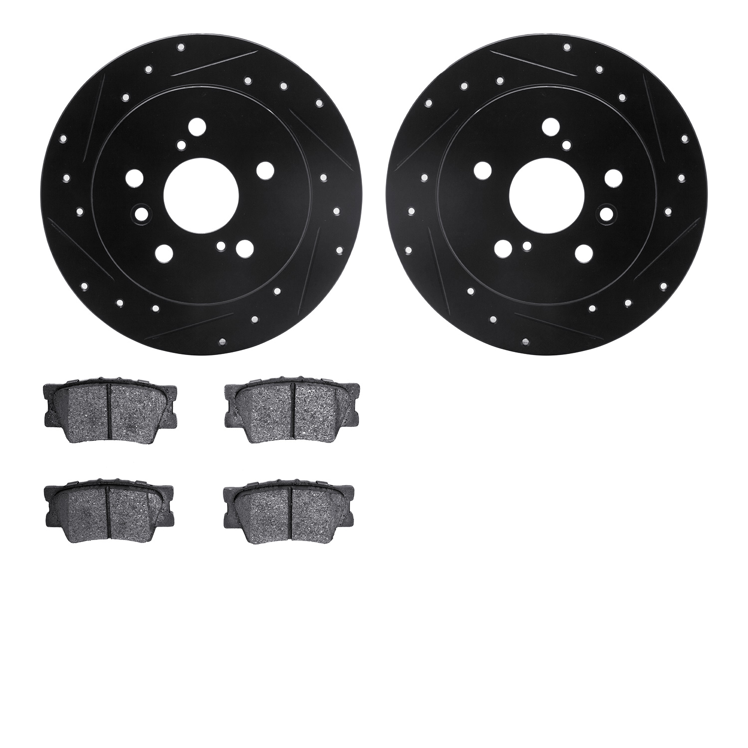 8502-76082 Drilled/Slotted Brake Rotors w/5000 Advanced Brake Pads Kit [Black], 2007-2012 Lexus/Toyota/Scion, Position: Rear