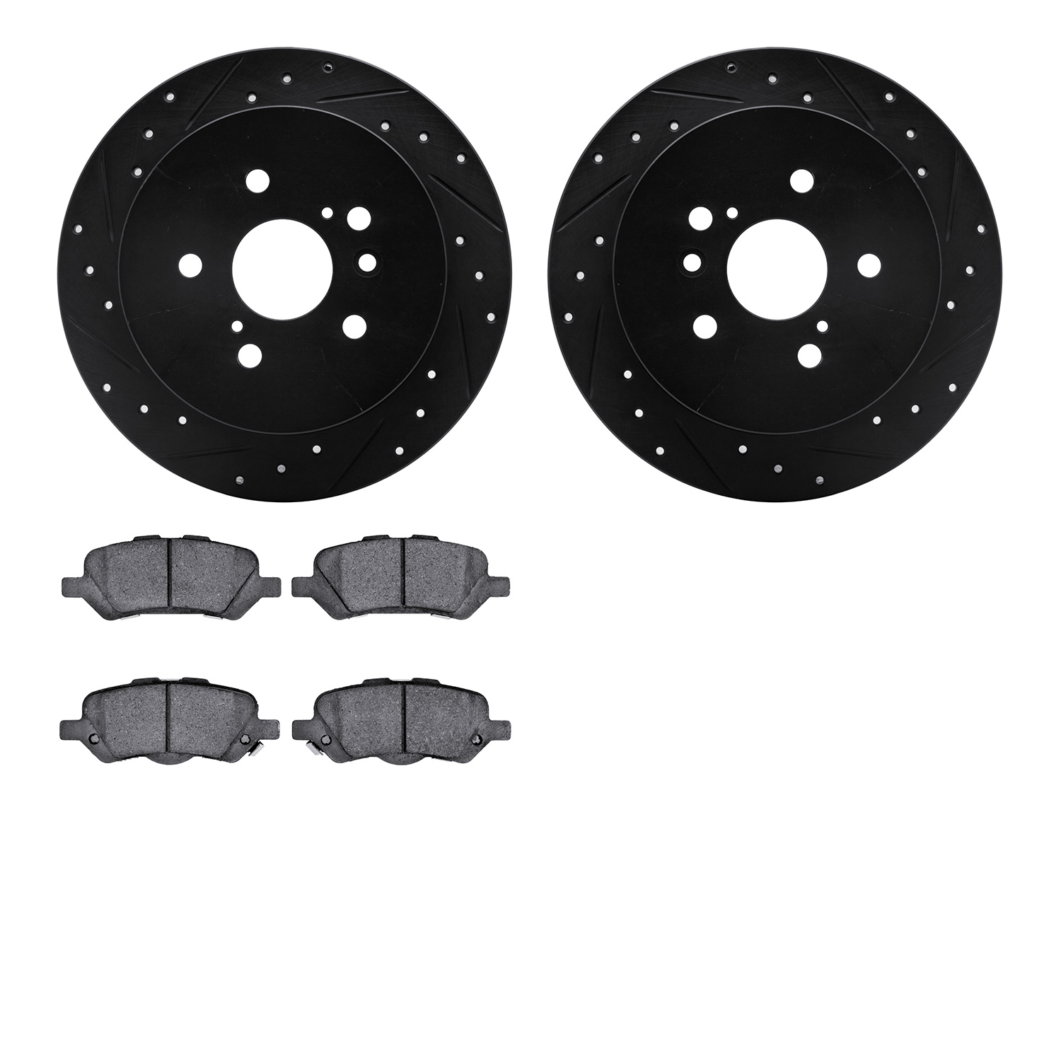 8502-76169 Drilled/Slotted Brake Rotors w/5000 Advanced Brake Pads Kit [Black], 2009-2015 Lexus/Toyota/Scion, Position: Rear