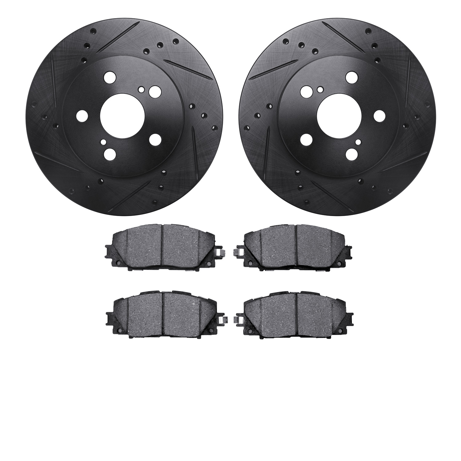 8502-76180 Drilled/Slotted Brake Rotors w/5000 Advanced Brake Pads Kit [Black], Fits Select Lexus/Toyota/Scion, Position: Front