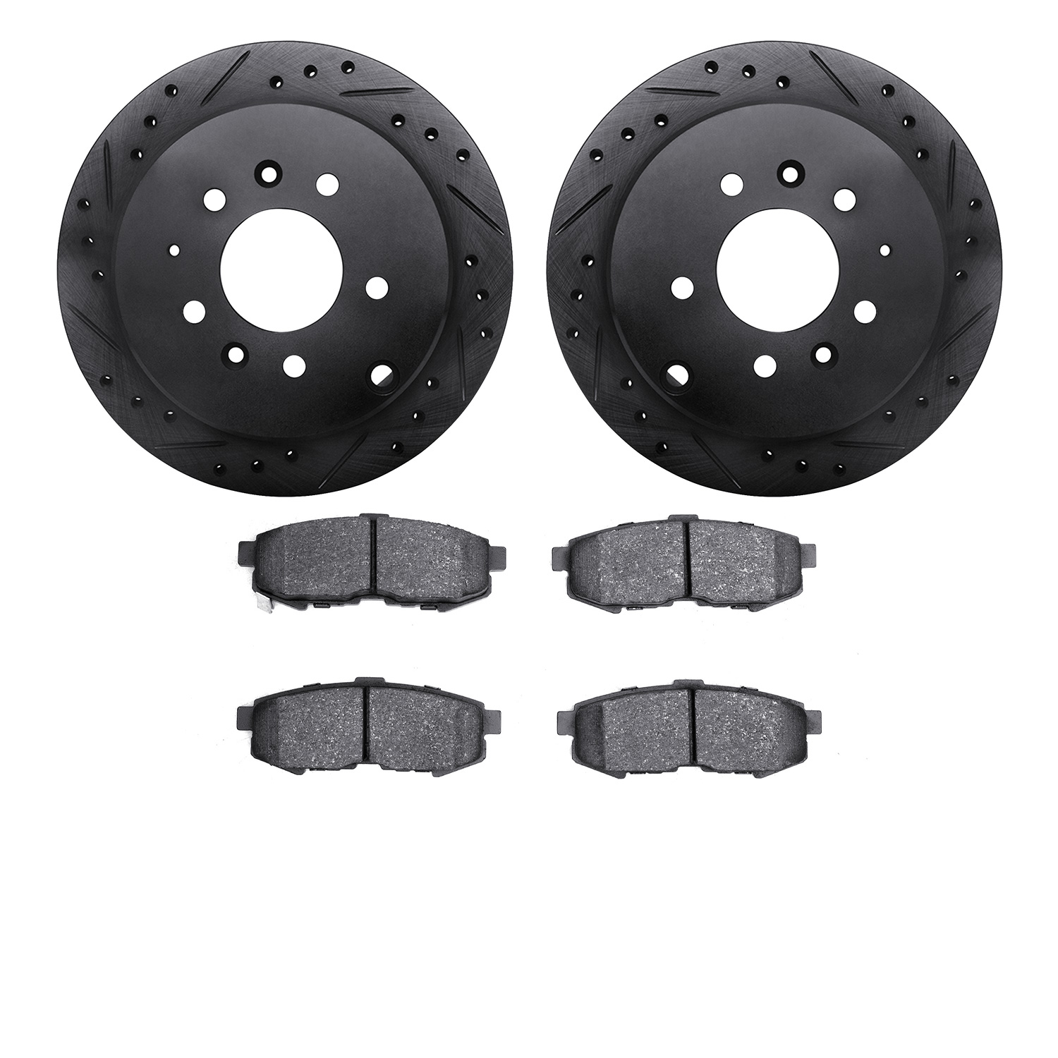 8502-80046 Drilled/Slotted Brake Rotors w/5000 Advanced Brake Pads Kit [Black], 2004-2006 Ford/Lincoln/Mercury/Mazda, Position: