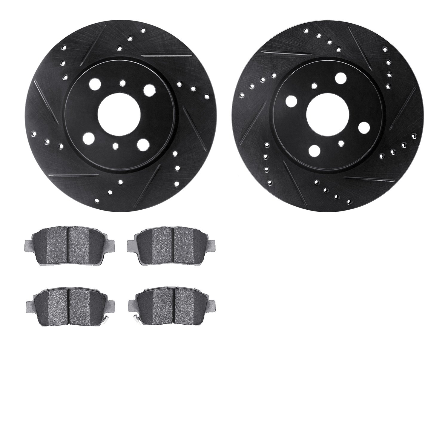 8502-91002 Drilled/Slotted Brake Rotors w/5000 Advanced Brake Pads Kit [Black], 2012-2015 Lexus/Toyota/Scion, Position: Front