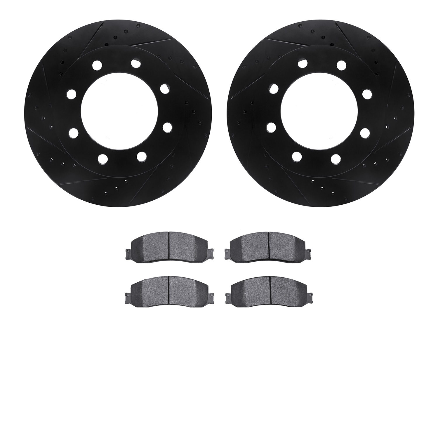 8502-99577 Drilled/Slotted Brake Rotors w/5000 Advanced Brake Pads Kit [Black], 2010-2012 Ford/Lincoln/Mercury/Mazda, Position: