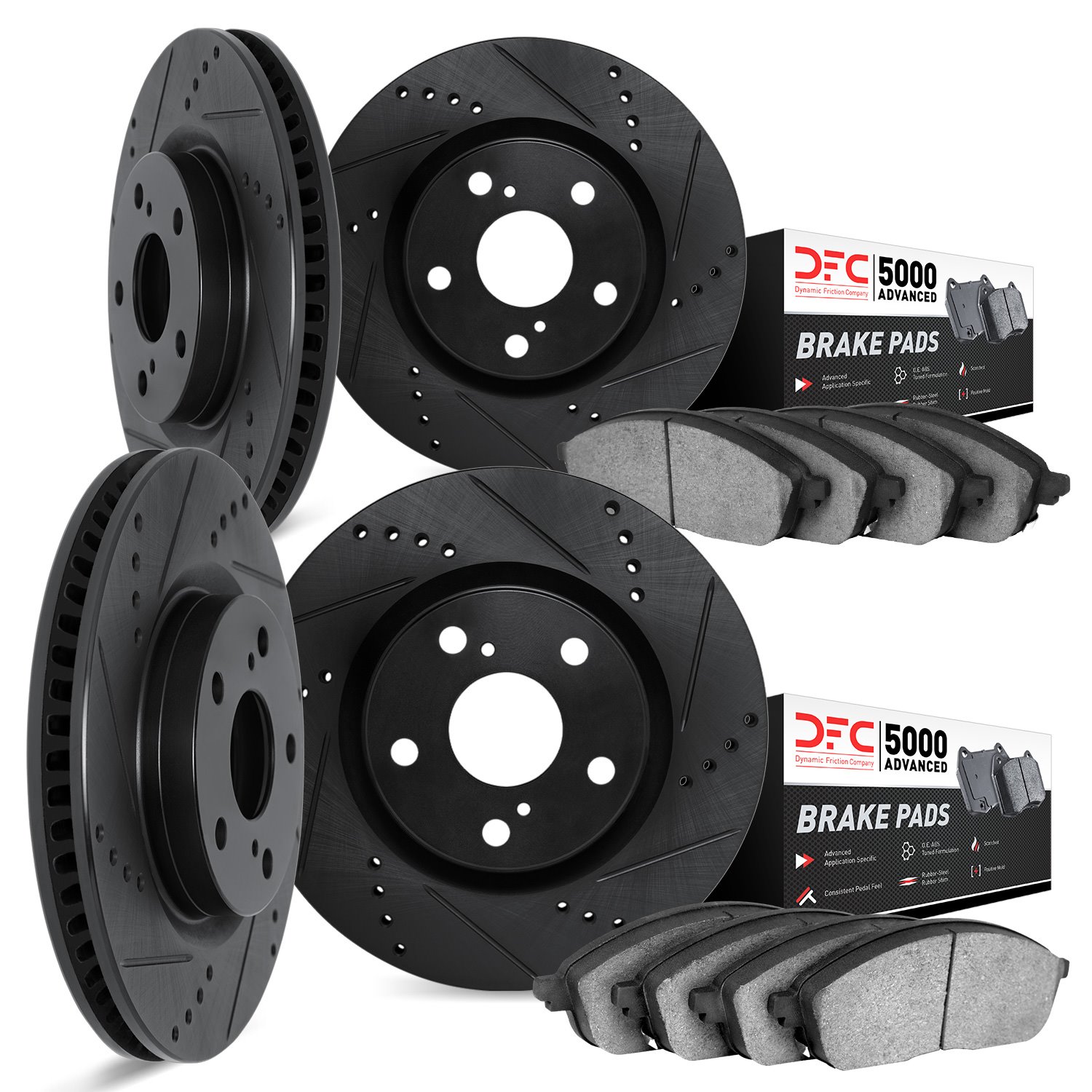 8504-02002 Drilled/Slotted Brake Rotors w/5000 Advanced Brake Pads Kit [Black], 1969-1977 Porsche, Position: Front and Rear