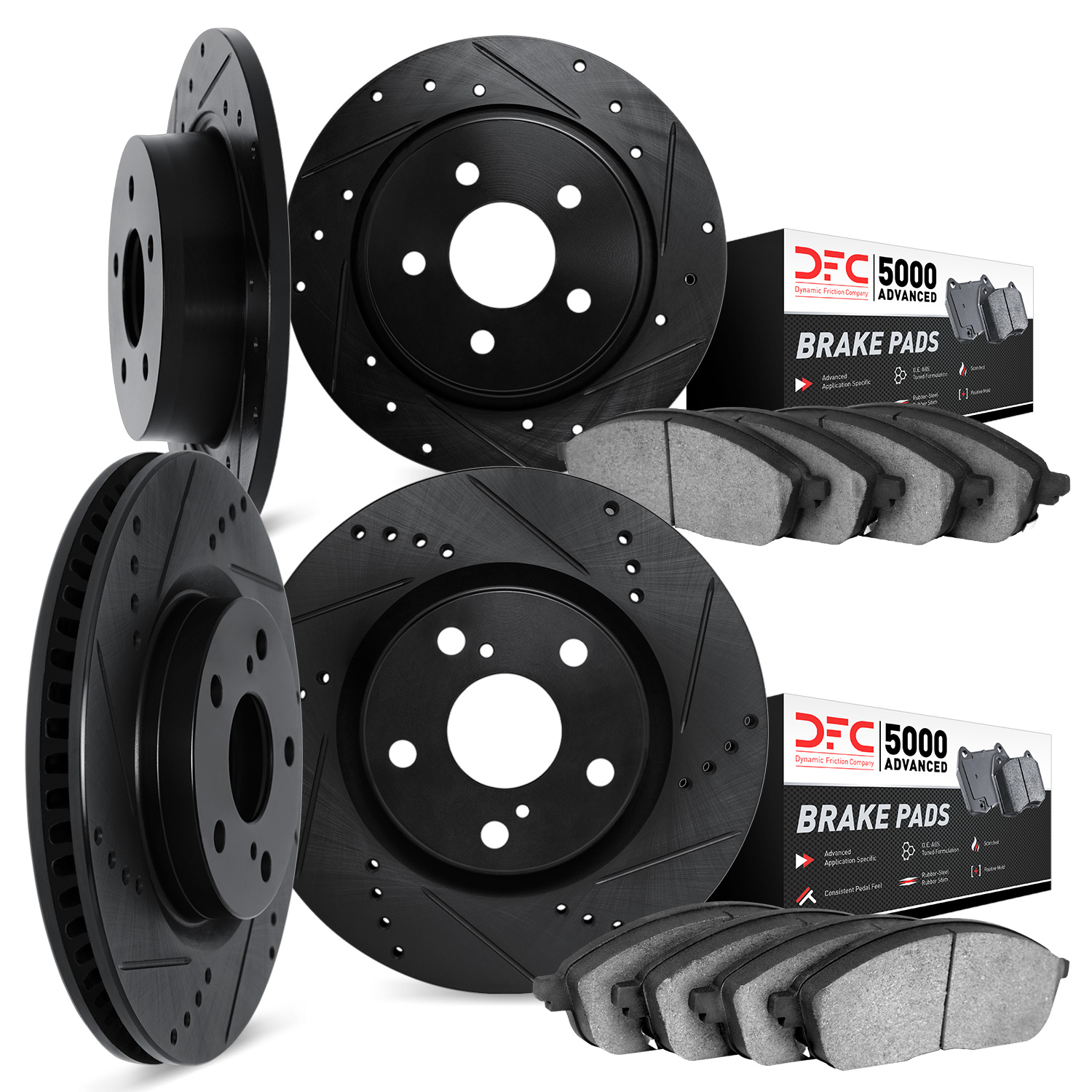 8504-03044 Drilled/Slotted Brake Rotors w/5000 Advanced Brake Pads Kit [Black], 2015-2017 Kia/Hyundai/Genesis, Position: Front a