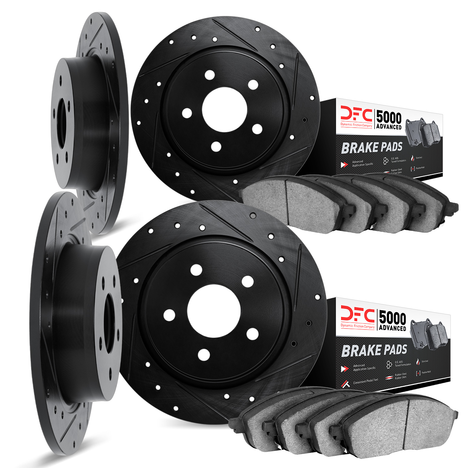 8504-11004 Drilled/Slotted Brake Rotors w/5000 Advanced Brake Pads Kit [Black], 1987-1989 Land Rover, Position: Front and Rear