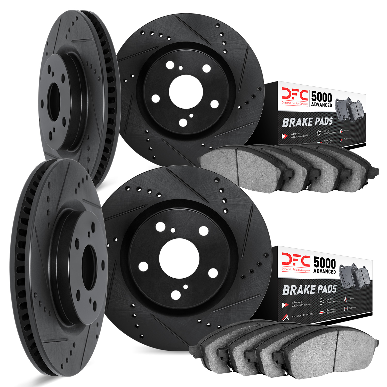 8504-11008 Drilled/Slotted Brake Rotors w/5000 Advanced Brake Pads Kit [Black], 2005-2009 Land Rover, Position: Front and Rear