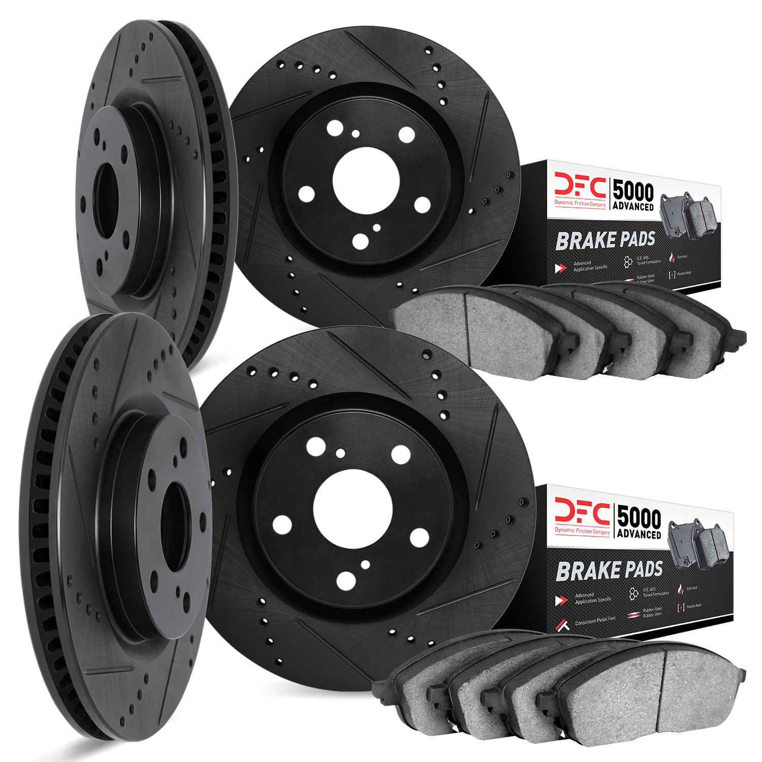 8504-20006 Drilled/Slotted Brake Rotors w/5000 Advanced Brake Pads Kit [Black], 2006-2010 Jaguar, Position: Front and Rear