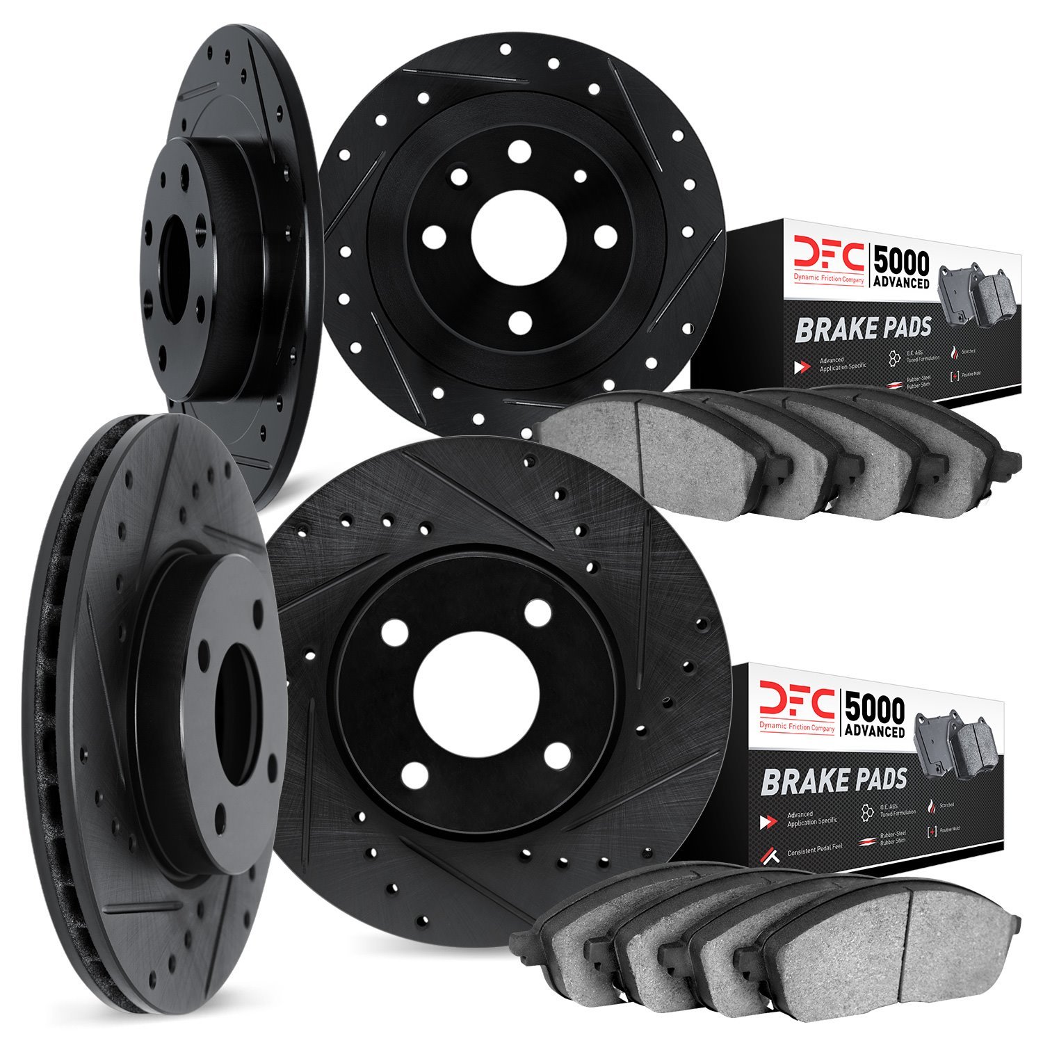 8504-27002 Drilled/Slotted Brake Rotors w/5000 Advanced Brake Pads Kit [Black], 2000-2004 Volvo, Position: Front and Rear