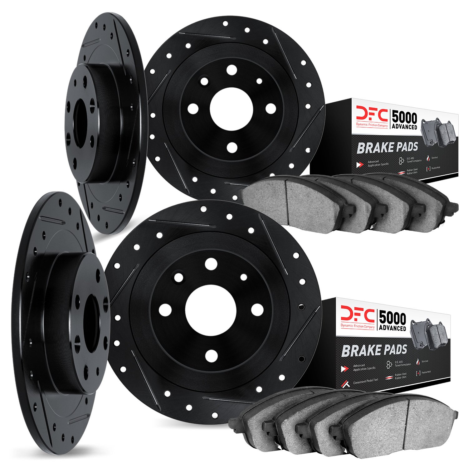 8504-28000 Drilled/Slotted Brake Rotors w/5000 Advanced Brake Pads Kit [Black], 1971-1981 Peugeot, Position: Front and Rear