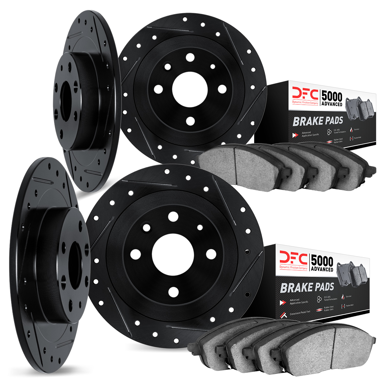 8504-28001 Drilled/Slotted Brake Rotors w/5000 Advanced Brake Pads Kit [Black], 1980-1989 Peugeot, Position: Front and Rear