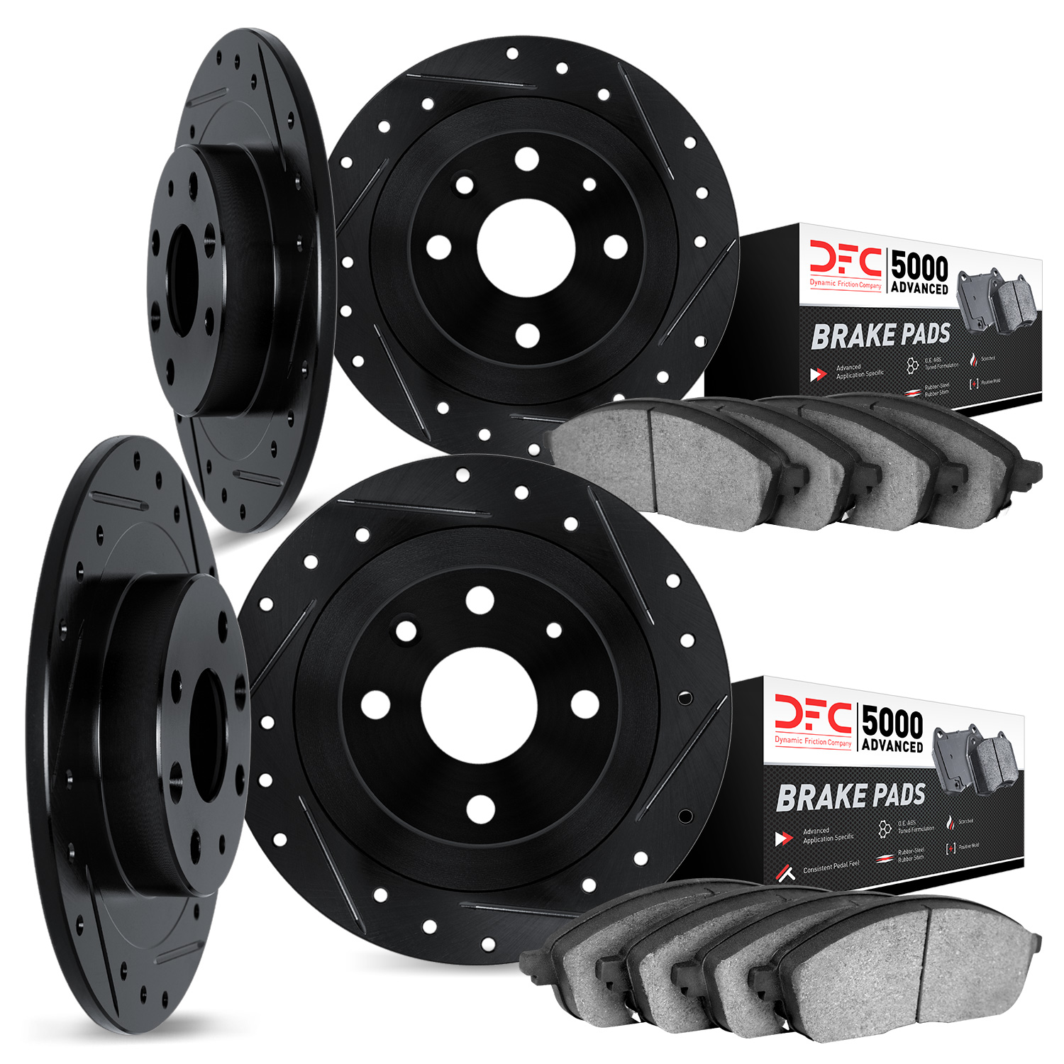 8504-40217 Drilled/Slotted Brake Rotors w/5000 Advanced Brake Pads Kit [Black], 1978-1983 Mopar, Position: Front and Rear