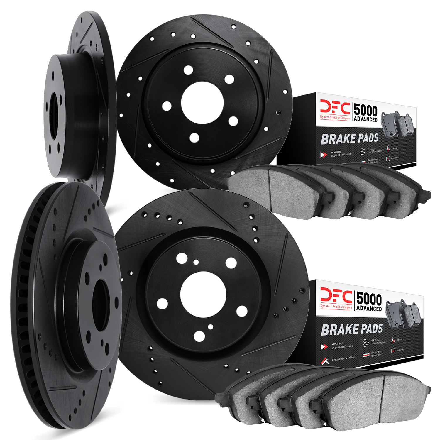 8504-42064 Drilled/Slotted Brake Rotors w/5000 Advanced Brake Pads Kit [Black], 1999-2002 Mopar, Position: Front and Rear