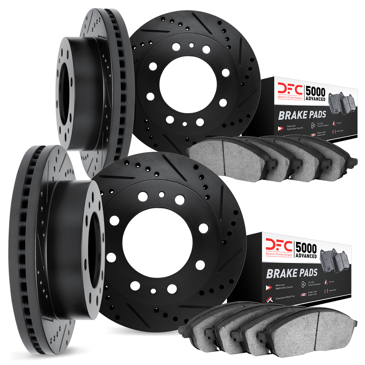 8504-46011 Drilled/Slotted Brake Rotors w/5000 Advanced Brake Pads Kit [Black], 2006-2011 GM, Position: Front and Rear