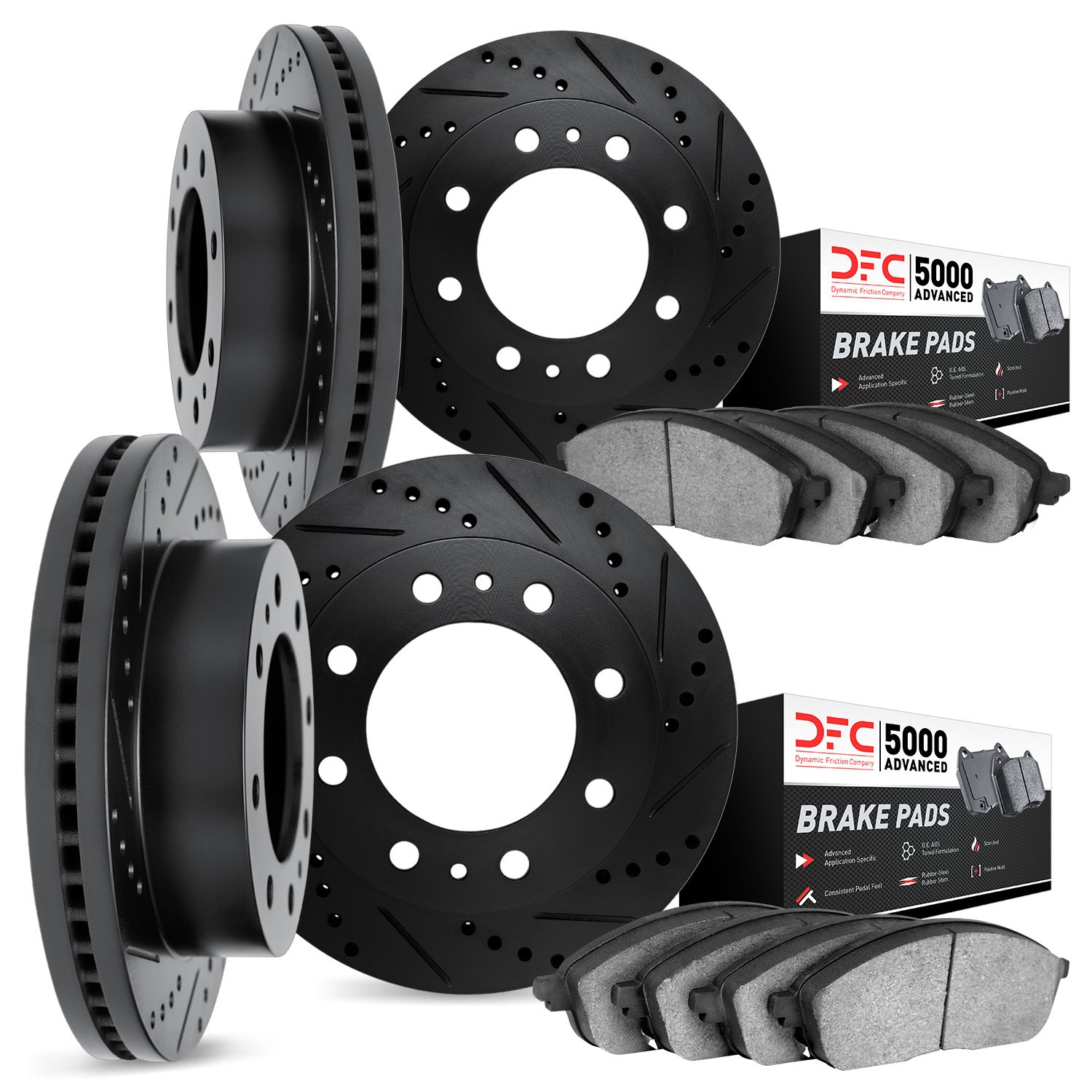 8504-46012 Drilled/Slotted Brake Rotors w/5000 Advanced Brake Pads Kit [Black], 2000-2005 GM, Position: Front and Rear