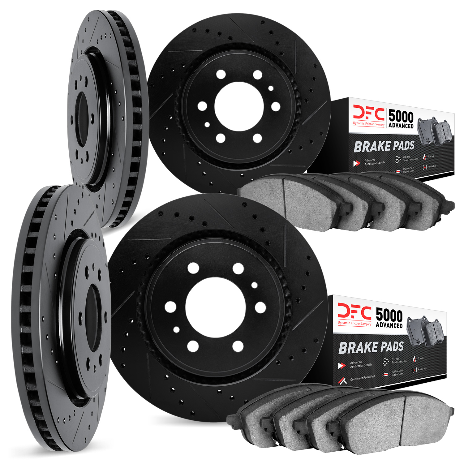 8504-46032 Drilled/Slotted Brake Rotors w/5000 Advanced Brake Pads Kit [Black], 2013-2019 GM, Position: Front and Rear