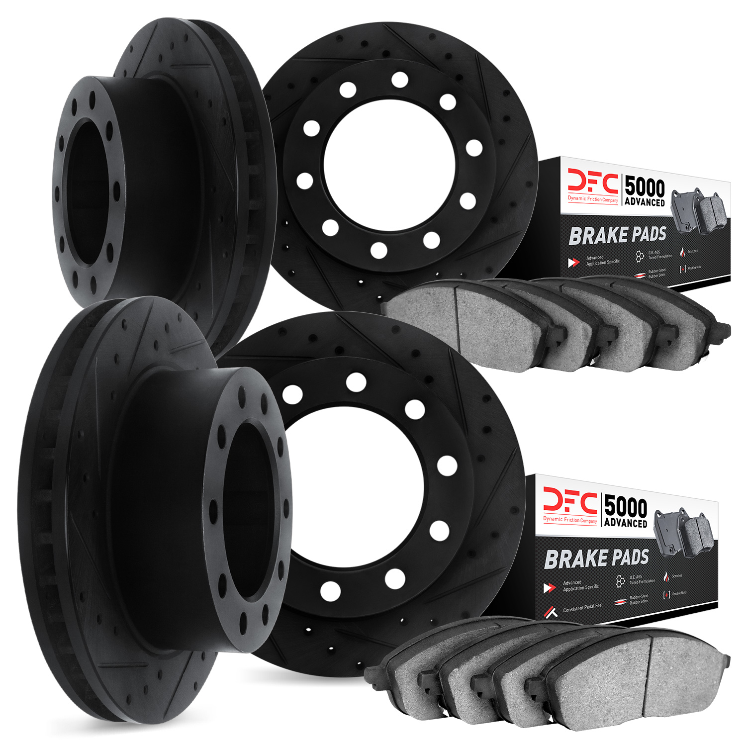 8504-48001 Drilled/Slotted Brake Rotors w/5000 Advanced Brake Pads Kit [Black], 1976-2005 Multiple Makes/Models, Position: Front