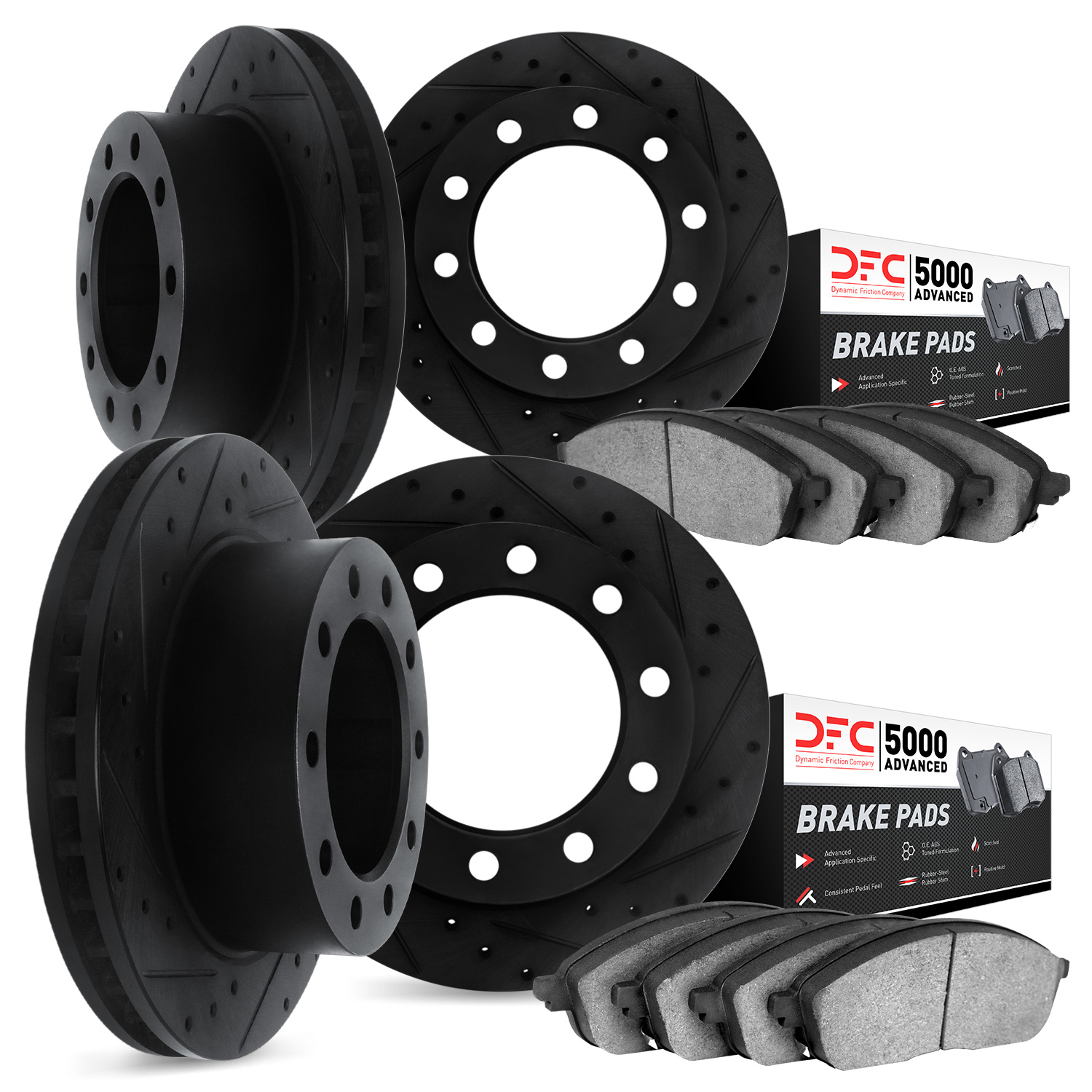 8504-48003 Drilled/Slotted Brake Rotors w/5000 Advanced Brake Pads Kit [Black], 1998-1999 GM, Position: Front and Rear