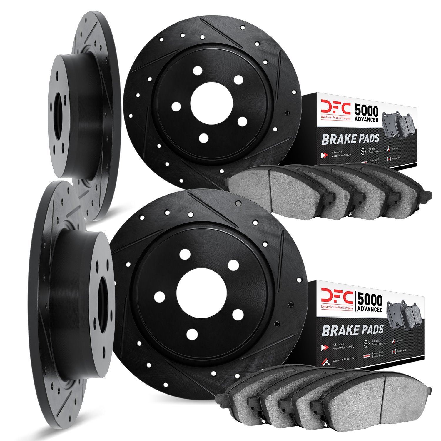 8504-52003 Drilled/Slotted Brake Rotors w/5000 Advanced Brake Pads Kit [Black], 1984-1987 GM, Position: Front and Rear