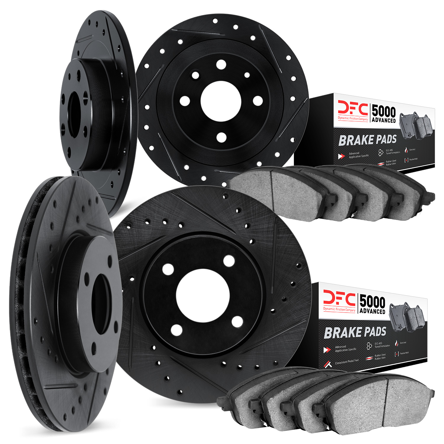 8504-67093 Drilled/Slotted Brake Rotors w/5000 Advanced Brake Pads Kit [Black], 1996-2000 Infiniti/Nissan, Position: Front and R