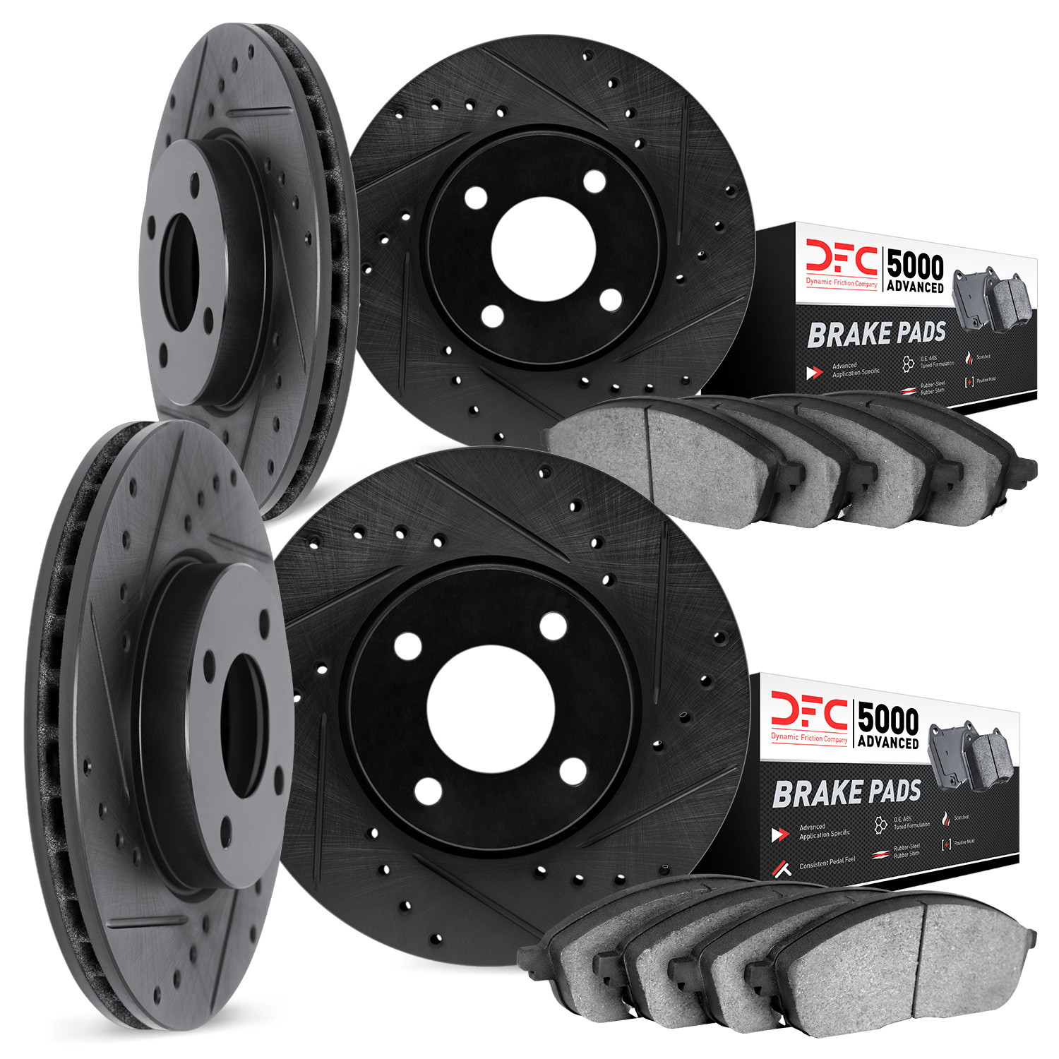 8504-76110 Drilled/Slotted Brake Rotors w/5000 Advanced Brake Pads Kit [Black], 1983-1984 Lexus/Toyota/Scion, Position: Front an