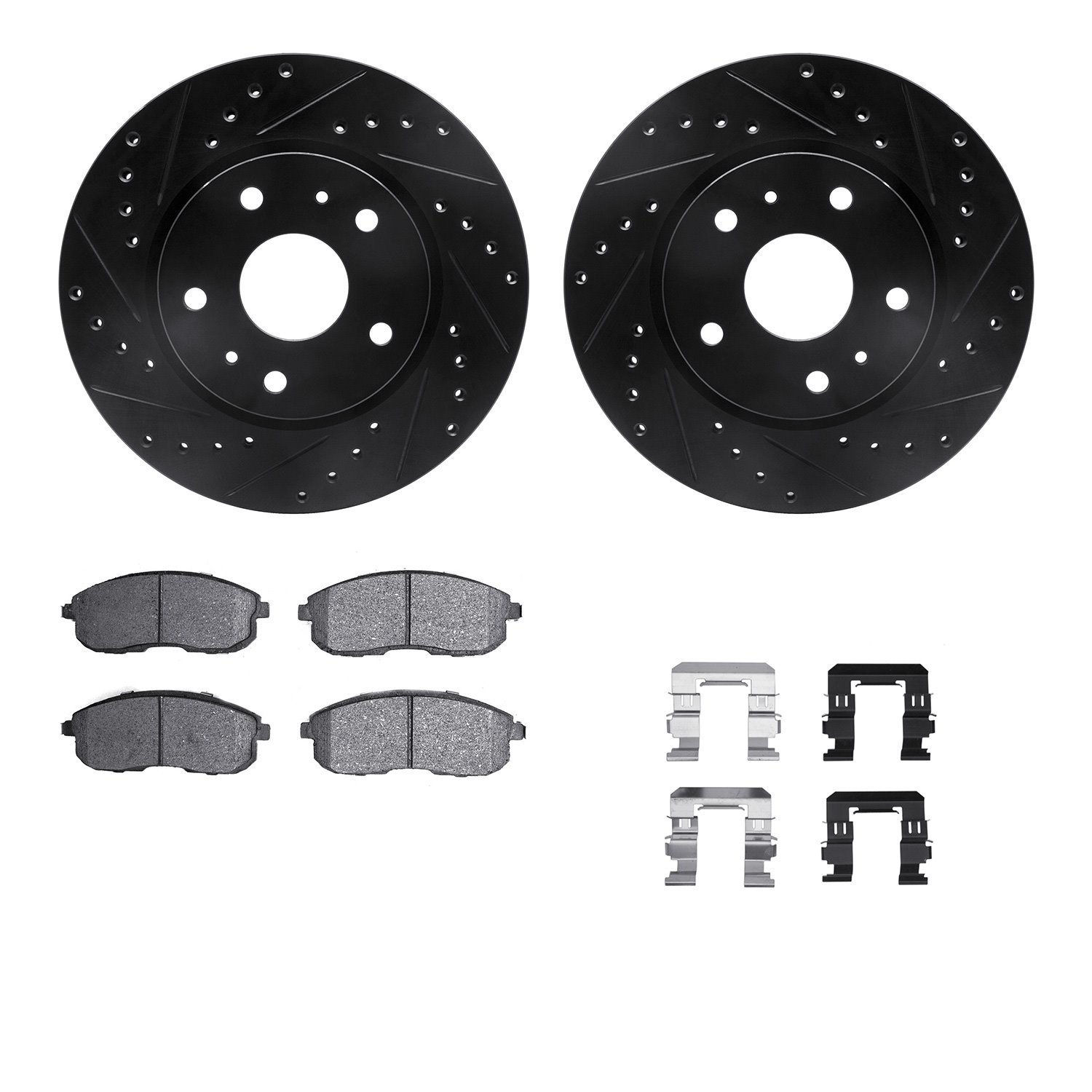 8512-01005 Drilled/Slotted Brake Rotors w/5000 Advanced Brake Pads Kit & Hardware [Black], 2007-2014 Suzuki, Position: Front