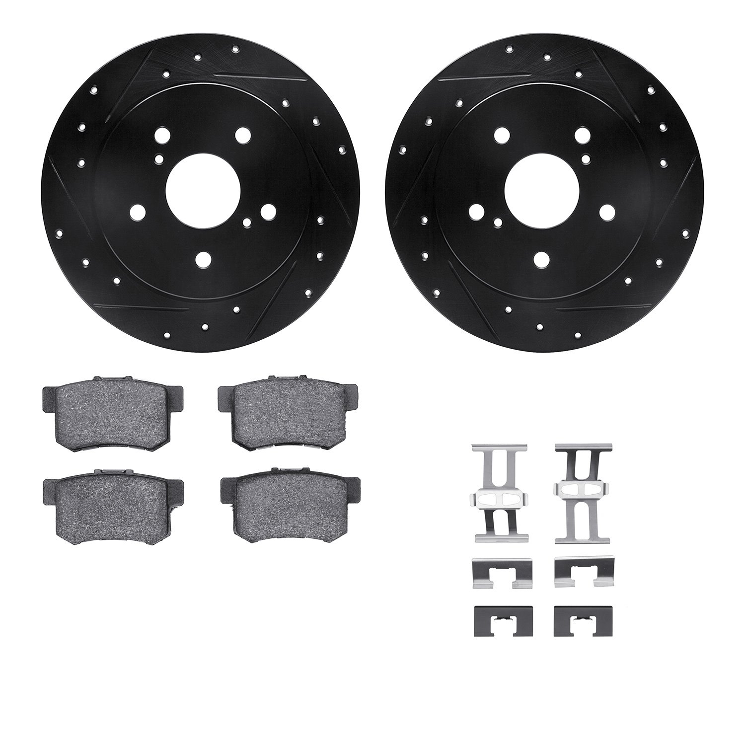 8512-01007 Drilled/Slotted Brake Rotors w/5000 Advanced Brake Pads Kit & Hardware [Black], 2010-2013 Suzuki, Position: Rear