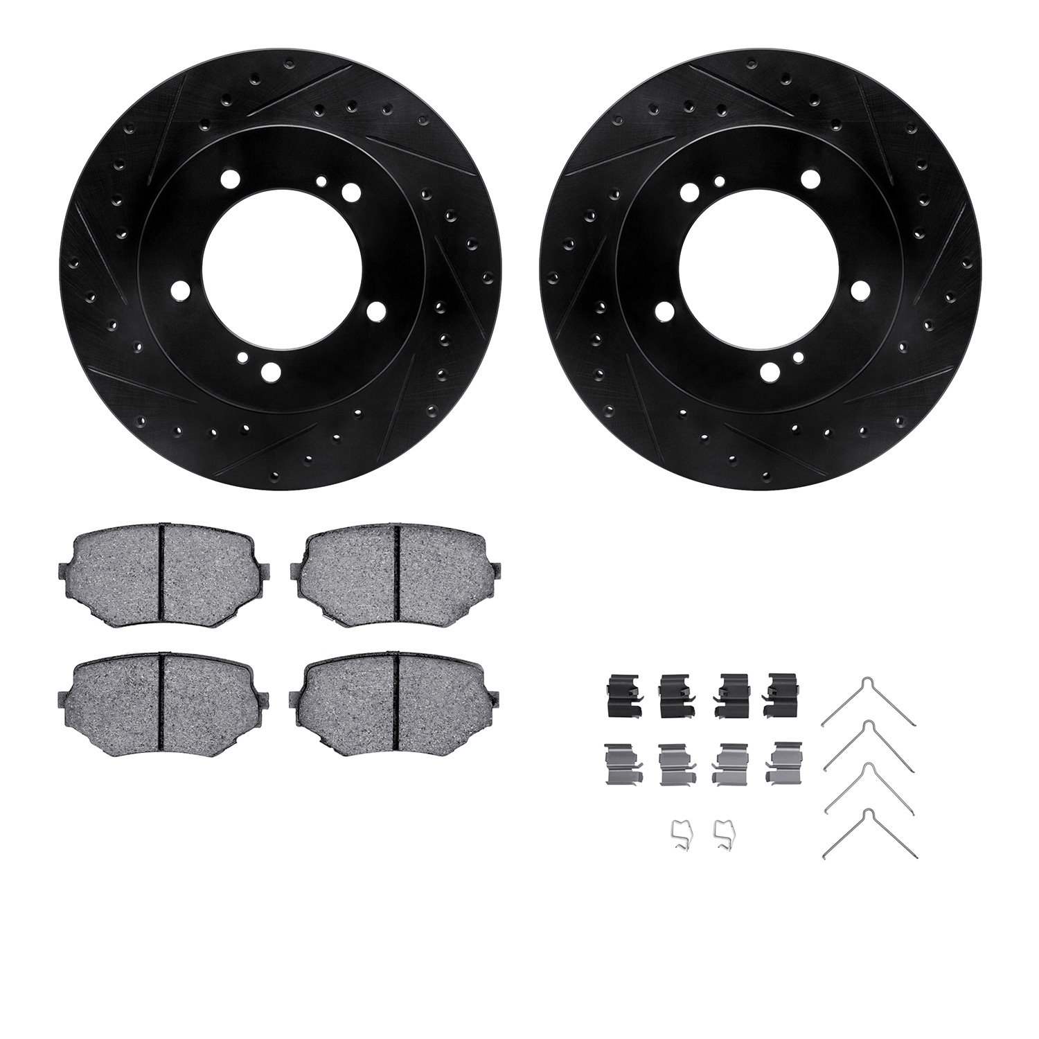 8512-01008 Drilled/Slotted Brake Rotors w/5000 Advanced Brake Pads Kit & Hardware [Black], 1996-1998 Suzuki, Position: Front