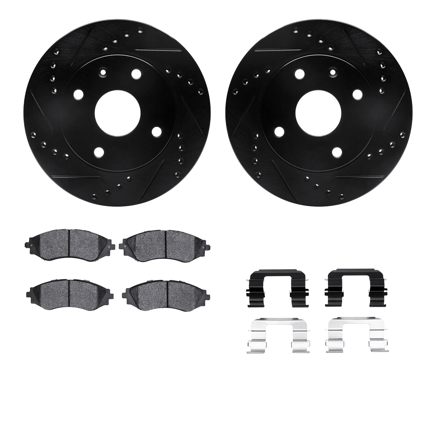 8512-01014 Drilled/Slotted Brake Rotors w/5000 Advanced Brake Pads Kit & Hardware [Black], 2004-2010 Multiple Makes/Models, Posi