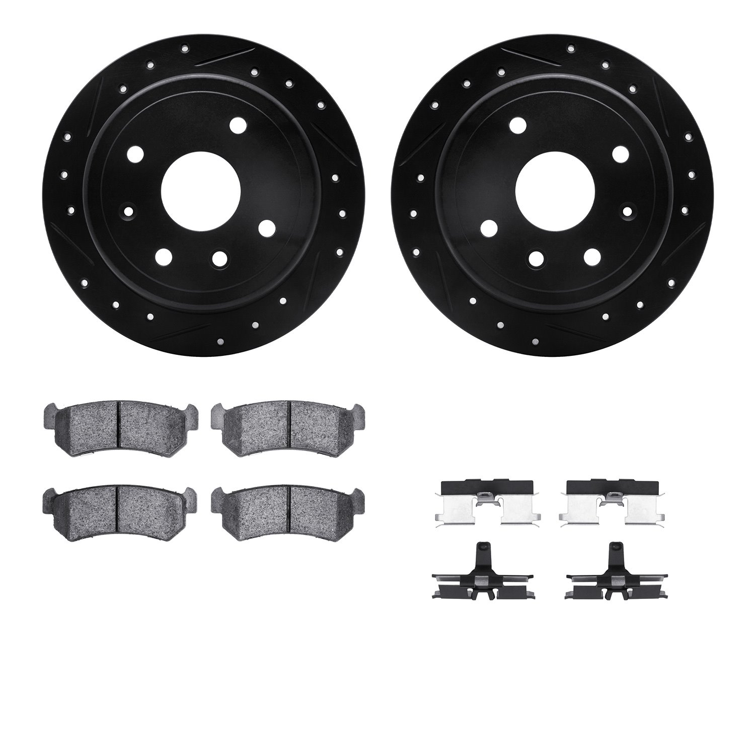 8512-01015 Drilled/Slotted Brake Rotors w/5000 Advanced Brake Pads Kit & Hardware [Black], 2004-2007 Multiple Makes/Models, Posi