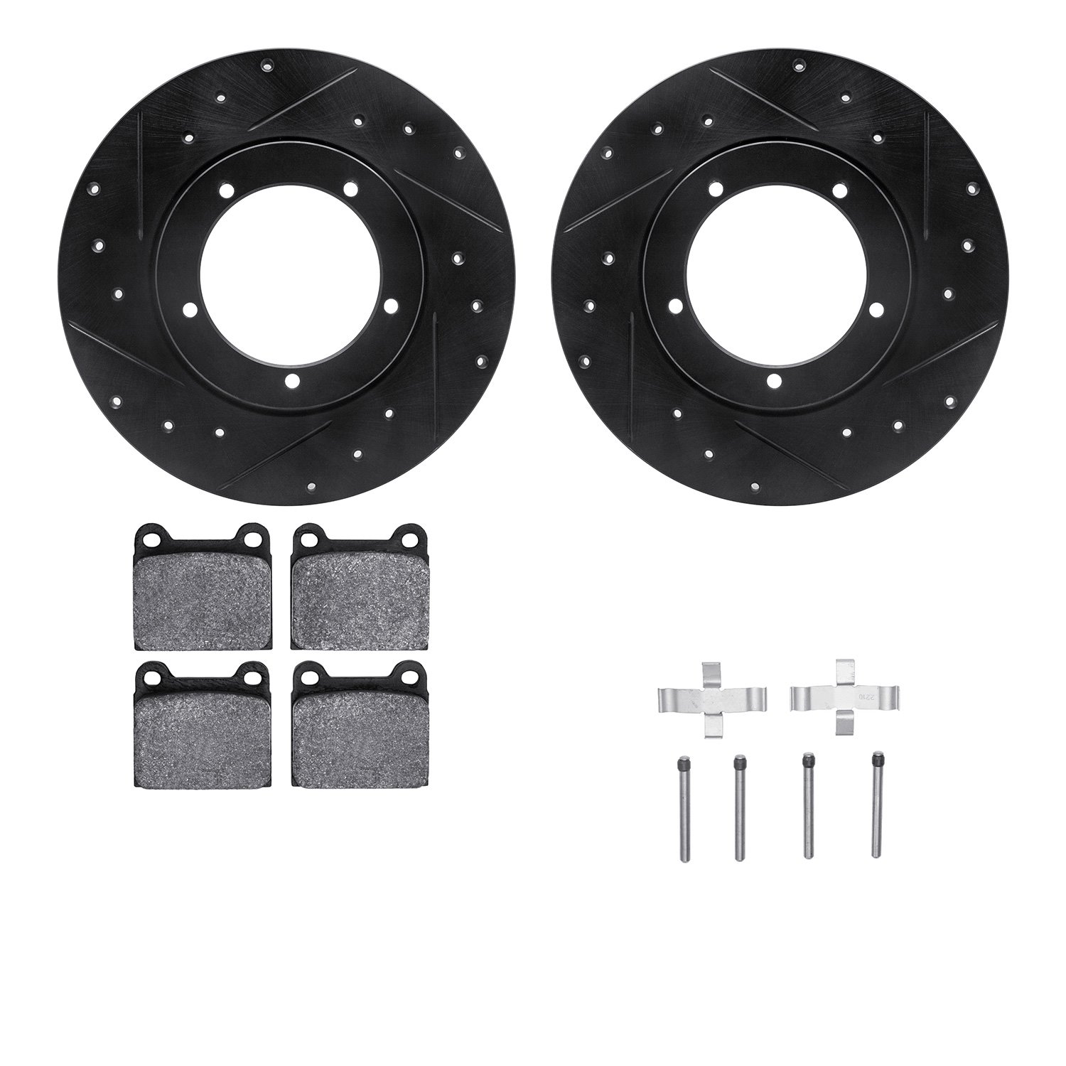 8512-02001 Drilled/Slotted Brake Rotors w/5000 Advanced Brake Pads Kit & Hardware [Black], 1965-1973 Porsche, Position: Front