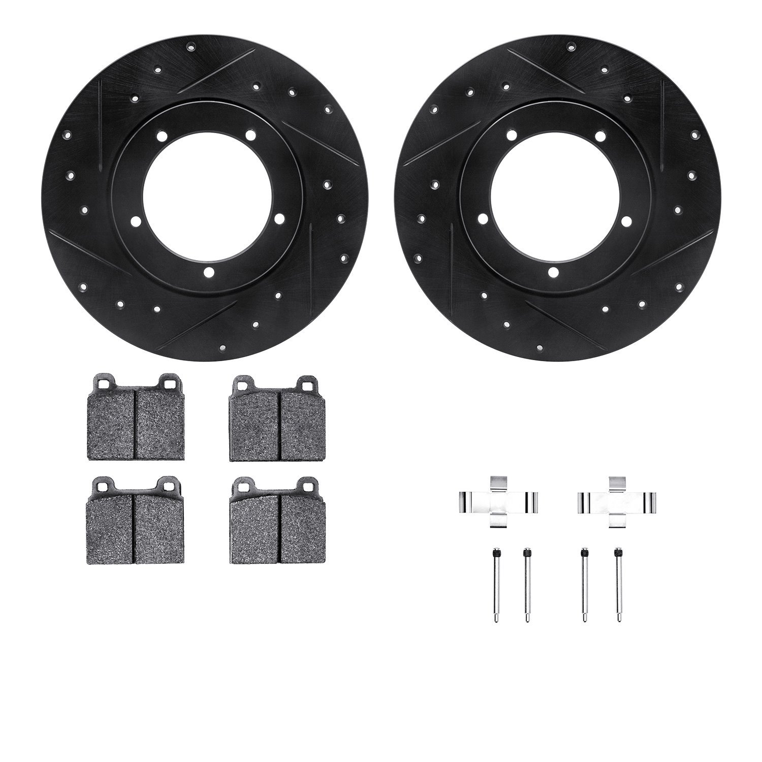 8512-02002 Drilled/Slotted Brake Rotors w/5000 Advanced Brake Pads Kit & Hardware [Black], 1976-1976 Porsche, Position: Front