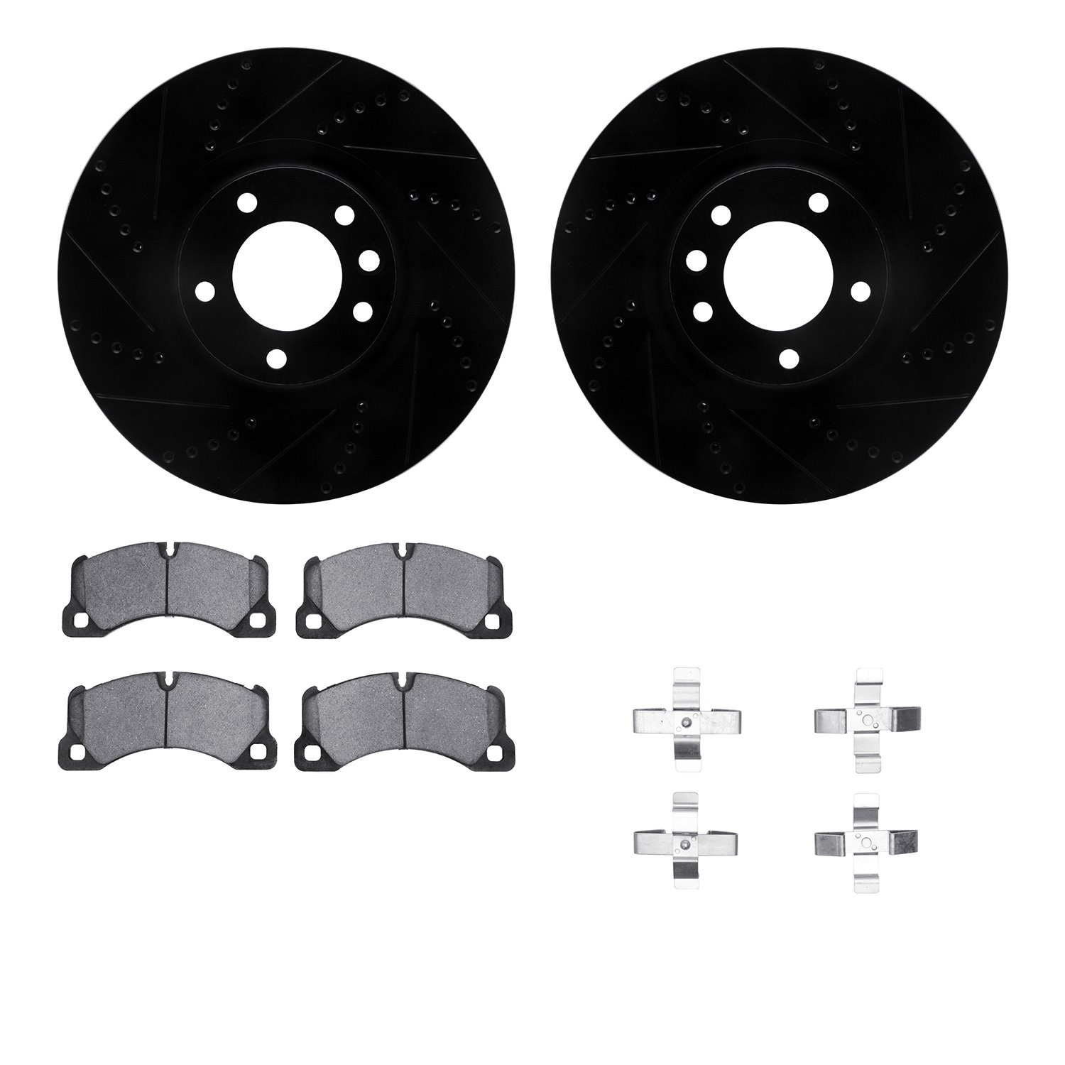 8512-02013 Drilled/Slotted Brake Rotors w/5000 Advanced Brake Pads Kit & Hardware [Black], 2008-2009 Audi/Volkswagen, Position: