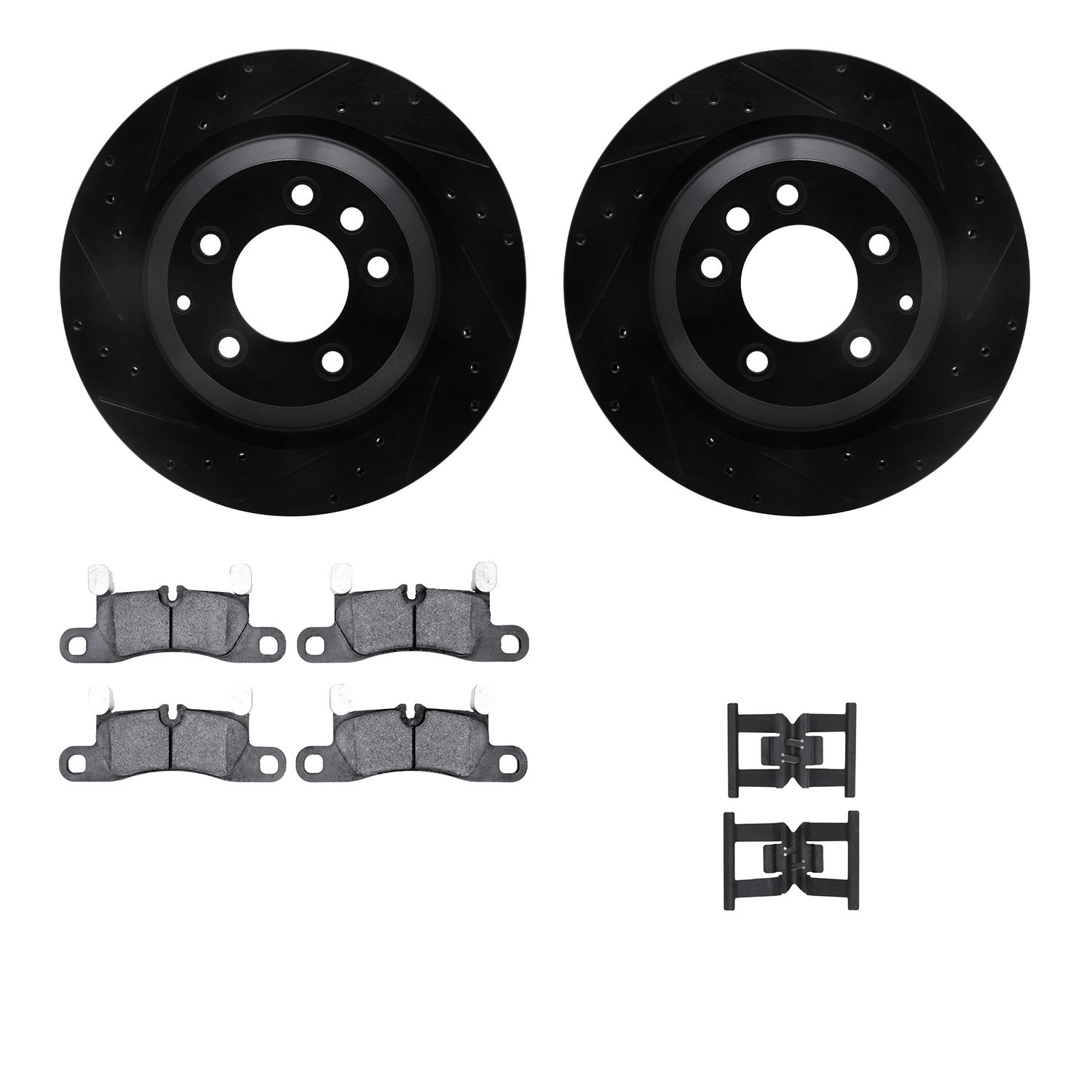 8512-02139 Drilled/Slotted Brake Rotors w/5000 Advanced Brake Pads Kit & Hardware [Black], 2011-2014 Porsche, Position: Rear