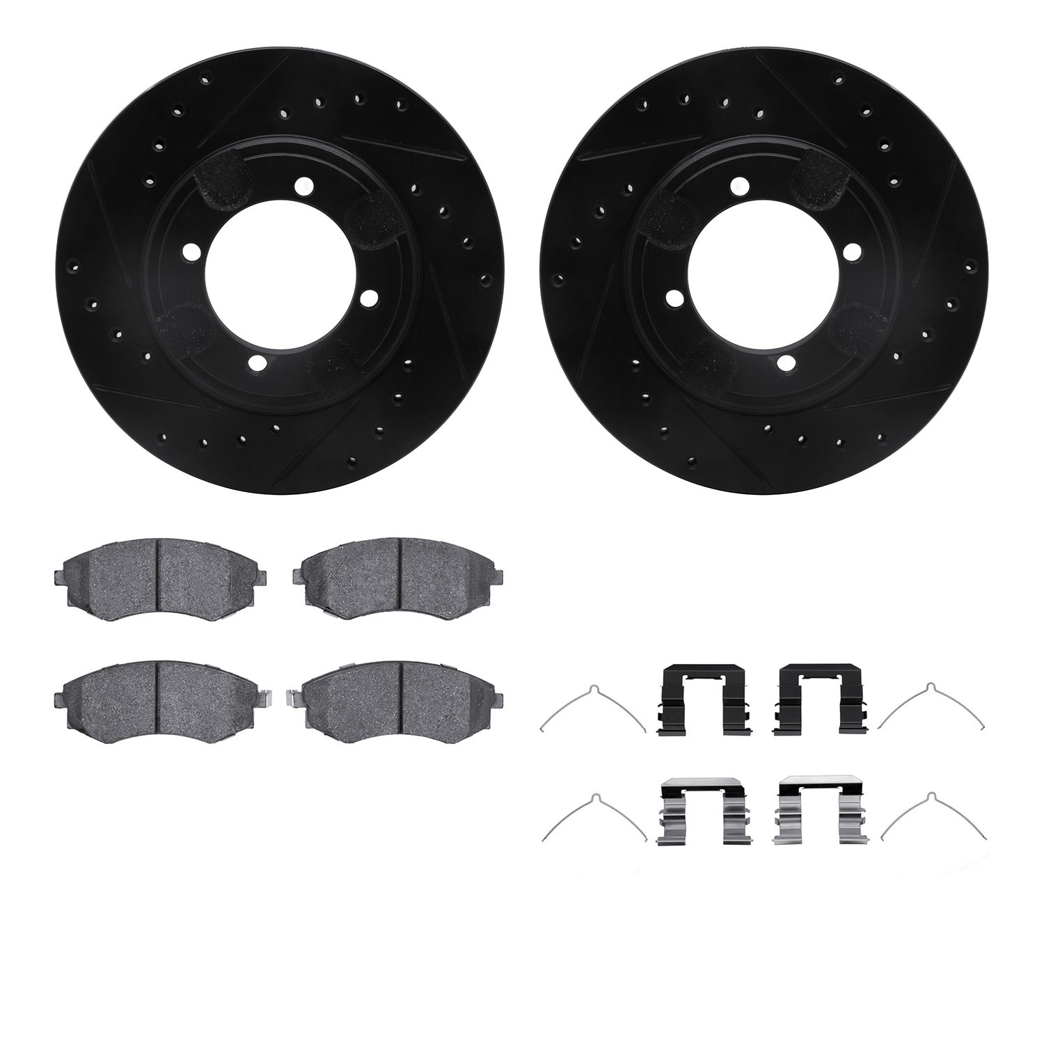 8512-03008 Drilled/Slotted Brake Rotors w/5000 Advanced Brake Pads Kit & Hardware [Black], 1992-1998 Kia/Hyundai/Genesis, Positi