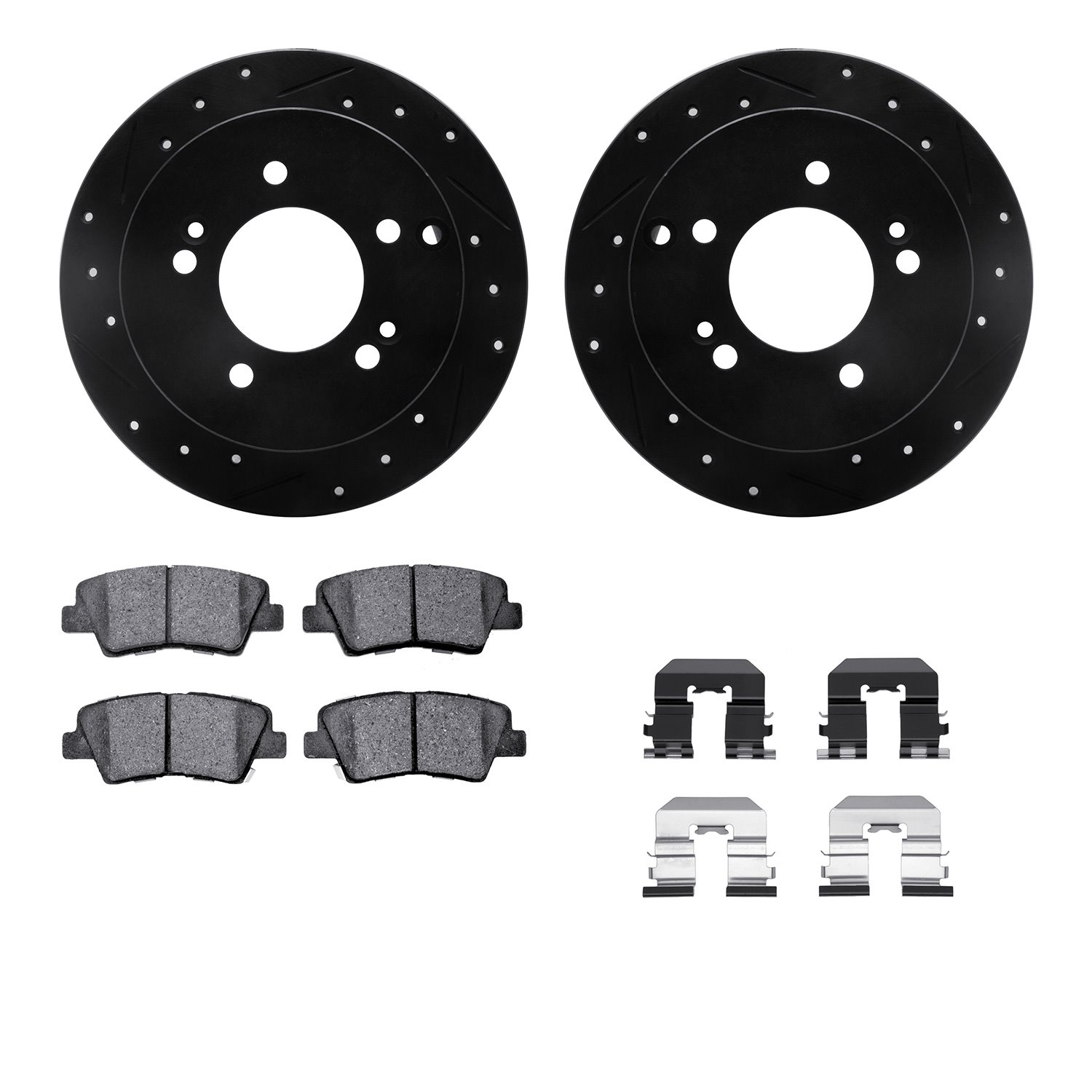 8512-03015 Drilled/Slotted Brake Rotors w/5000 Advanced Brake Pads Kit & Hardware [Black], 2008-2010 Kia/Hyundai/Genesis, Positi