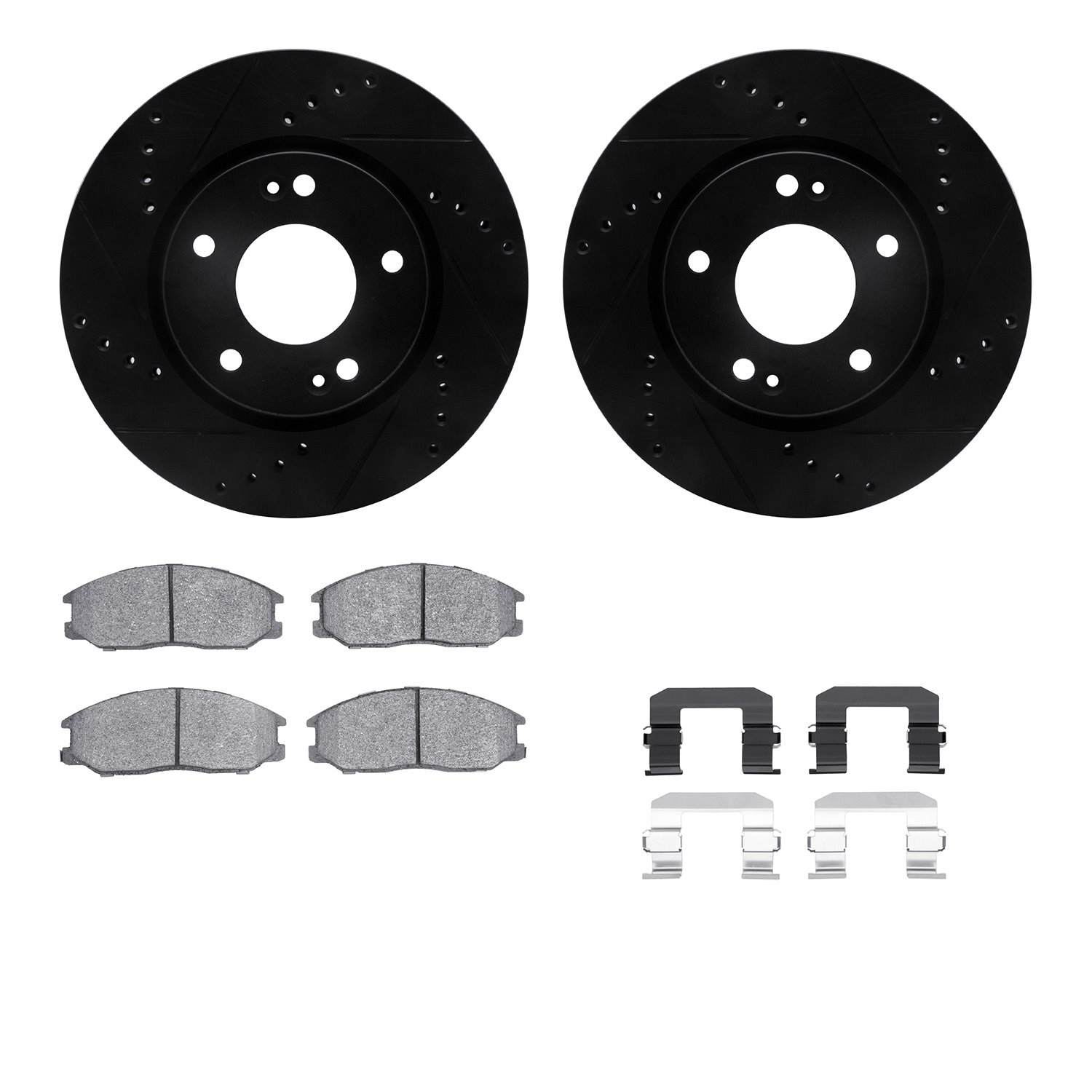 8512-03023 Drilled/Slotted Brake Rotors w/5000 Advanced Brake Pads Kit & Hardware [Black], 2001-2005 Kia/Hyundai/Genesis, Positi