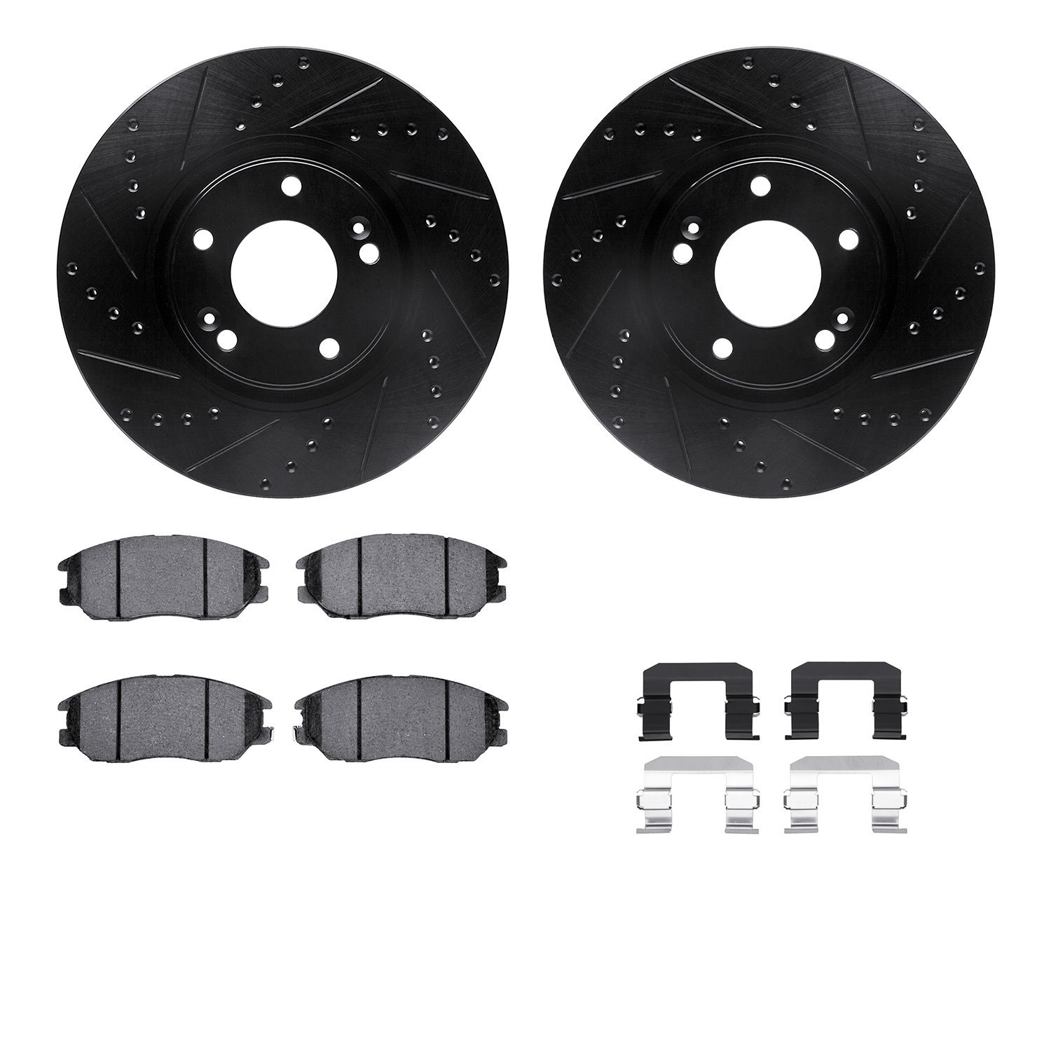 8512-03028 Drilled/Slotted Brake Rotors w/5000 Advanced Brake Pads Kit & Hardware [Black], 2004-2006 Kia/Hyundai/Genesis, Positi