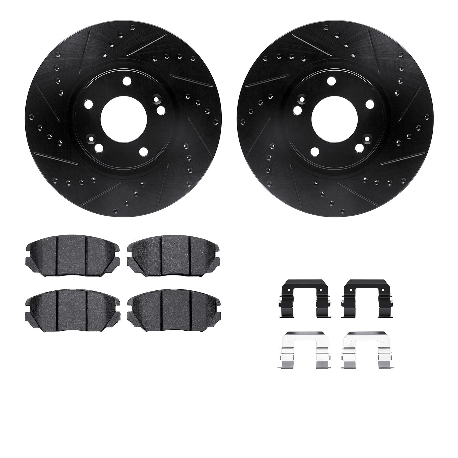 8512-03029 Drilled/Slotted Brake Rotors w/5000 Advanced Brake Pads Kit & Hardware [Black], 2006-2011 Kia/Hyundai/Genesis, Positi