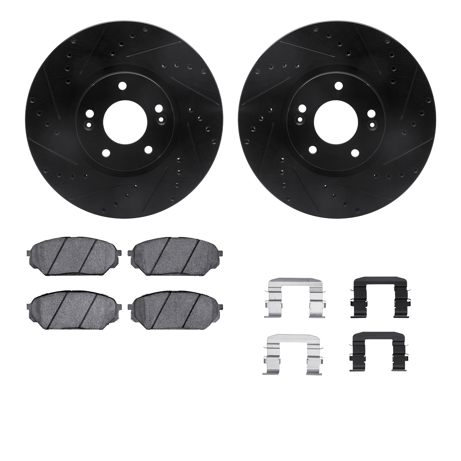 8512-03047 Drilled/Slotted Brake Rotors w/5000 Advanced Brake Pads Kit & Hardware [Black], 2007-2012 Kia/Hyundai/Genesis, Positi