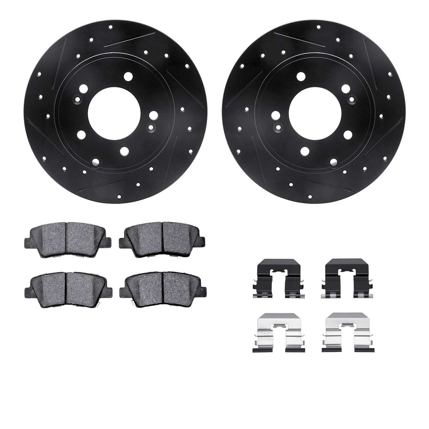 8512-03053 Drilled/Slotted Brake Rotors w/5000 Advanced Brake Pads Kit & Hardware [Black], 2008-2011 Kia/Hyundai/Genesis, Positi