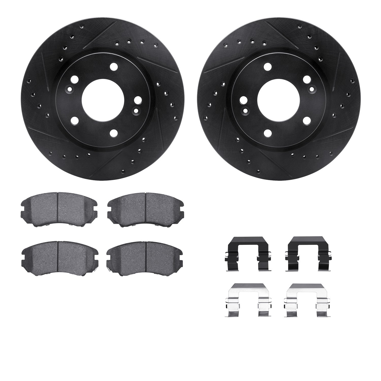 8512-03057 Drilled/Slotted Brake Rotors w/5000 Advanced Brake Pads Kit & Hardware [Black], 2007-2010 Kia/Hyundai/Genesis, Positi