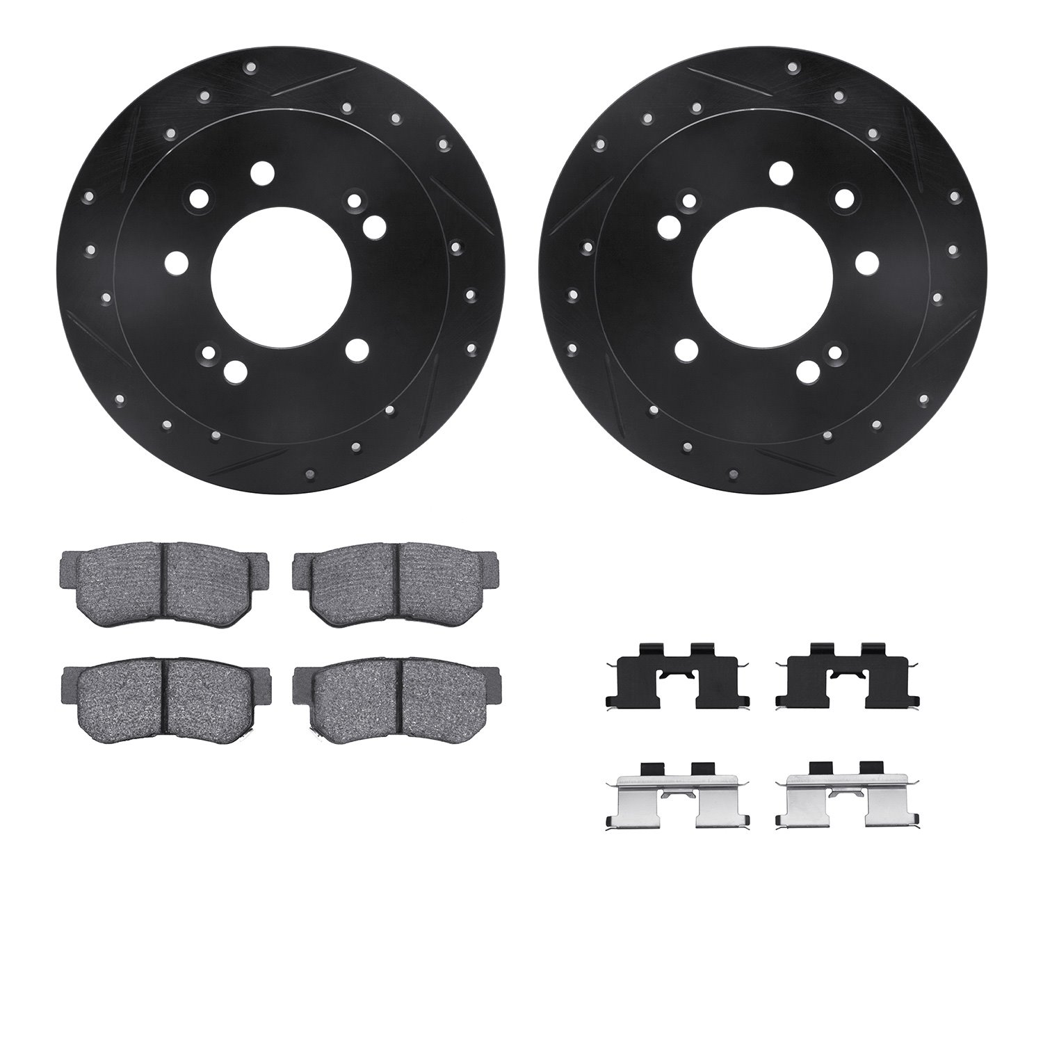 8512-03058 Drilled/Slotted Brake Rotors w/5000 Advanced Brake Pads Kit & Hardware [Black], 2007-2009 Kia/Hyundai/Genesis, Positi